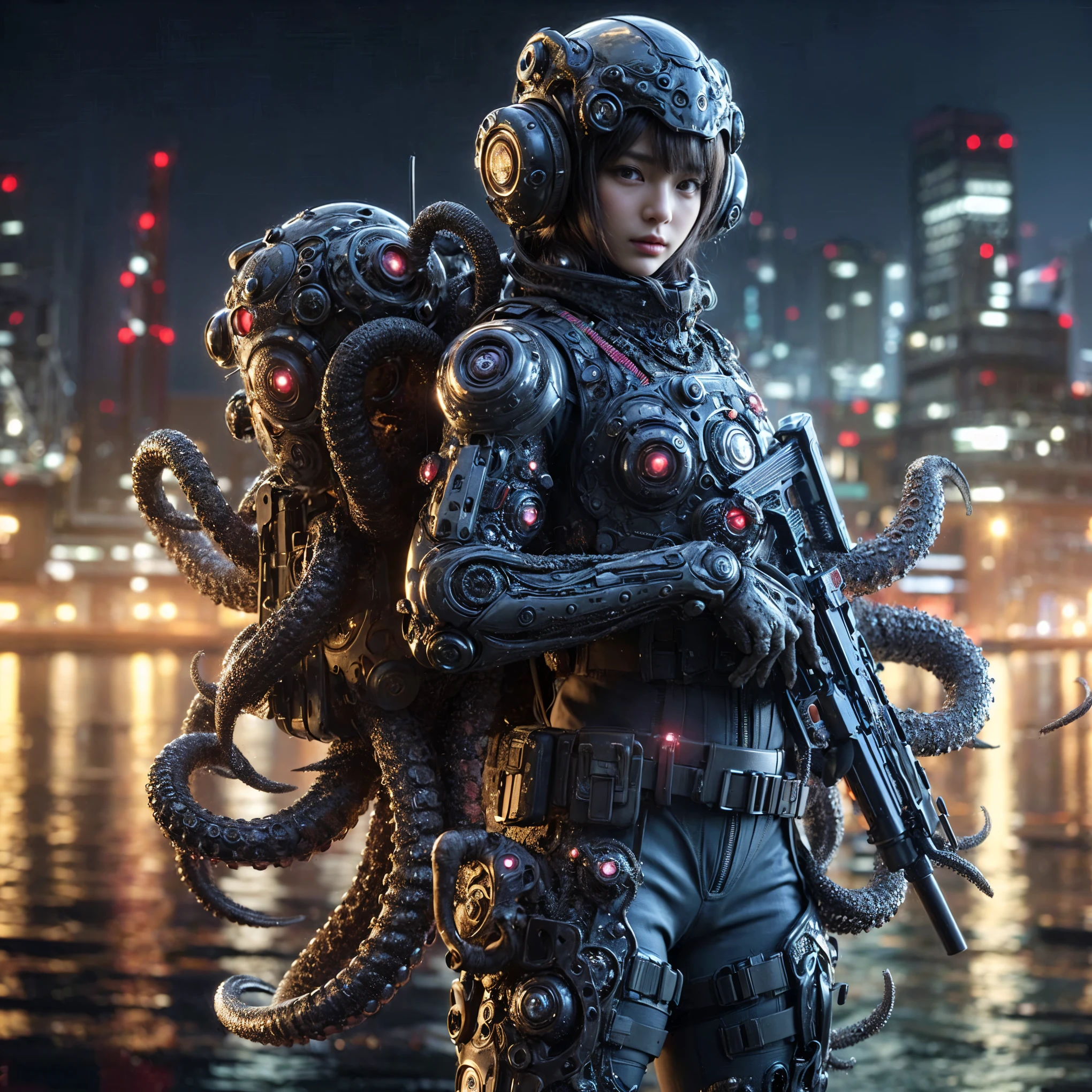 masterpiece、highest quality、(Extremely intricate details)、(Extremely realistic texture)、glossy Texture、A Octopus-like bio-insect suit designed by Hajime Katoki、1 person、Ultra-realistic photos of beautiful female soldiers、Night view of the bayside industrial area、battle、Please generate at least 4 copies.