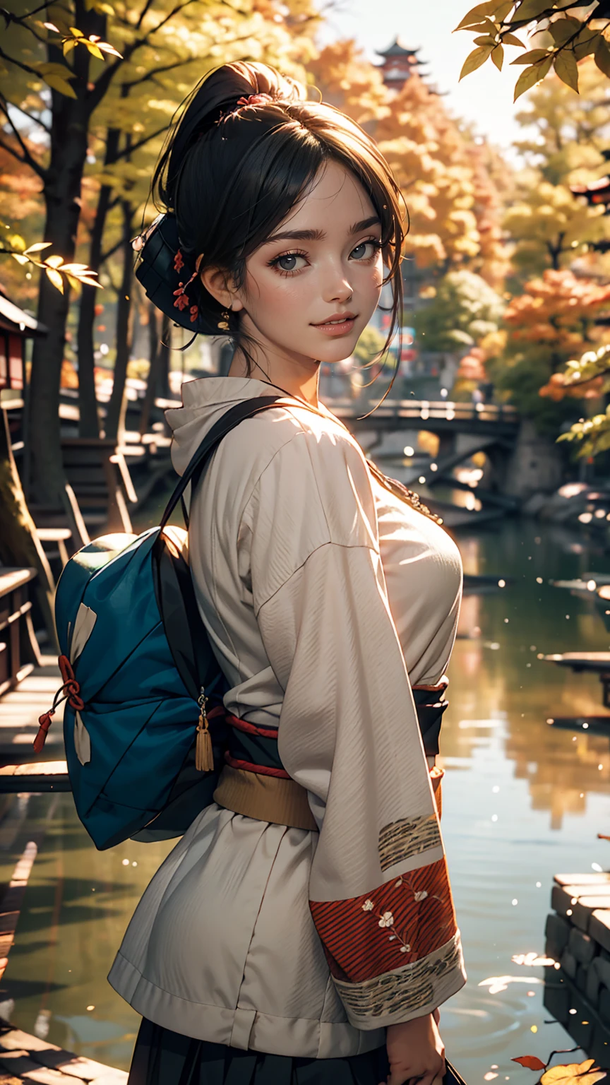 Autumnal Forest、lake、24 year old Japanese woman、trekking、smile