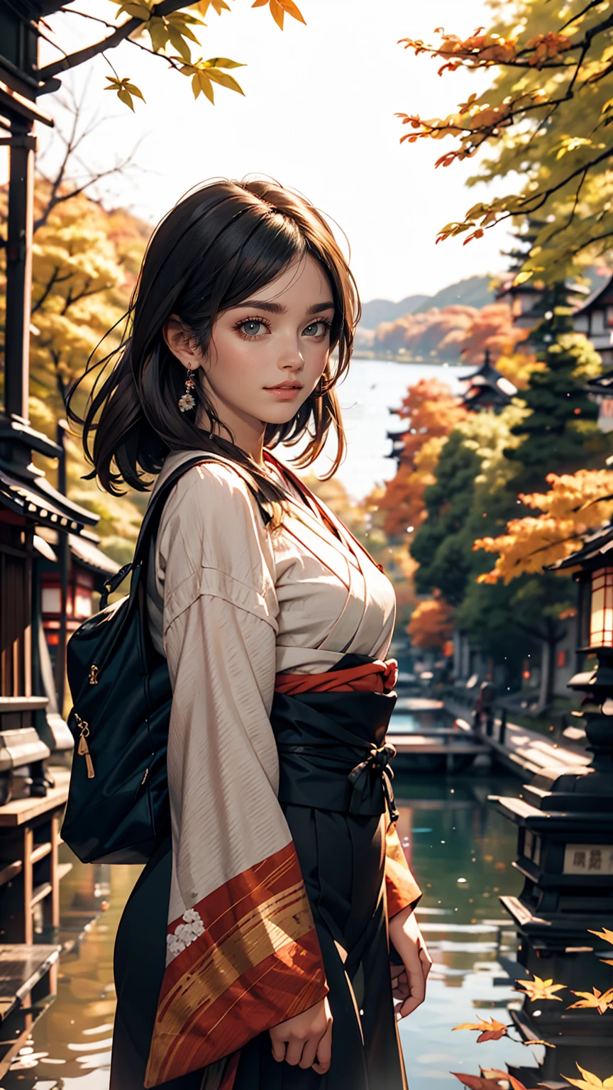 Autumnal Forest、lake、24 year old Japanese woman、trekking、smile