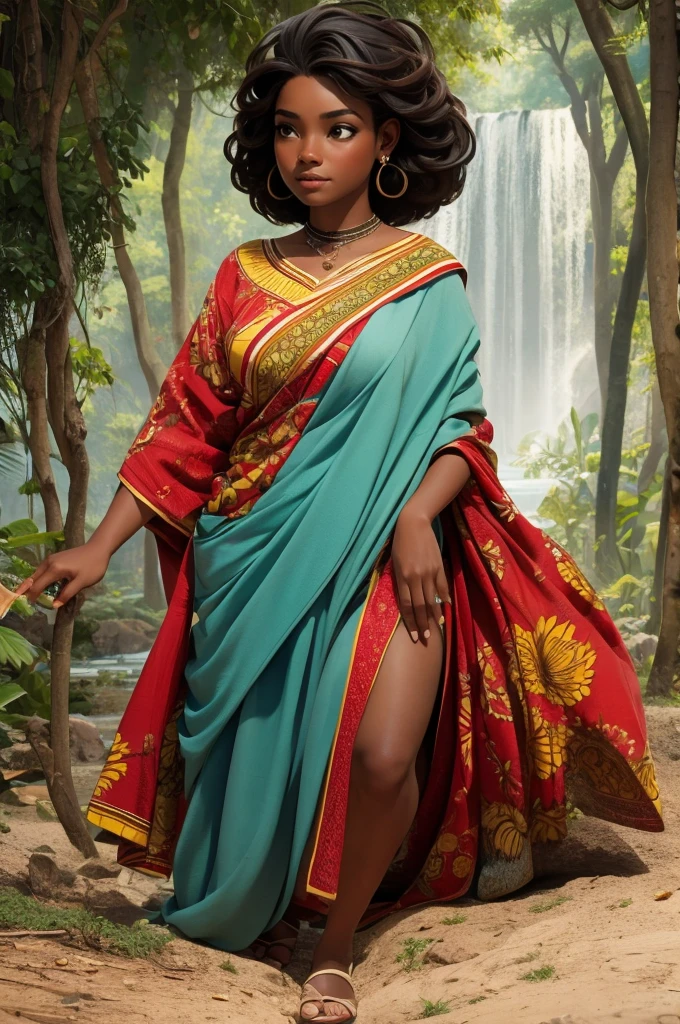 Obra de arte, melhor qualidade, 1 garota, na floresta , vestido de realeza longo e todo vermelho linda africana mista de 19 anos, female brown skin, longo, Crespo, cabelo preto encaracolado, rosto perfeito, meio corpo, longo hair, melanina