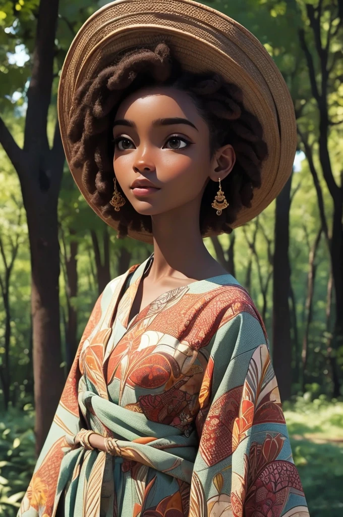 Obra de arte, melhor qualidade, 1 garota, na floresta , vestido de realeza longo e todo vermelho linda africana mista de 19 anos, female brown skin, longo, Crespo, cabelo preto encaracolado, rosto perfeito, meio corpo, longo hair, melanina