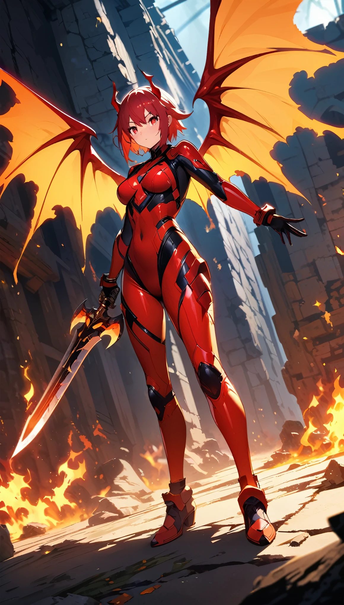 best quality, Best Illustration, Highly detailed CG Unity 8k wallpaper,Beautiful female demon,Dark fantasy setting,Tight combat suit,Red Eyes,Blazing Devil Wings,sharp corners,holding a sword with flames,Cast Shadows,Standing on the ruins,Red and orange palette,otherworldly power,Dynamic Lighting, Depth of Field, The best shadow, stable diffusion model, sparkling