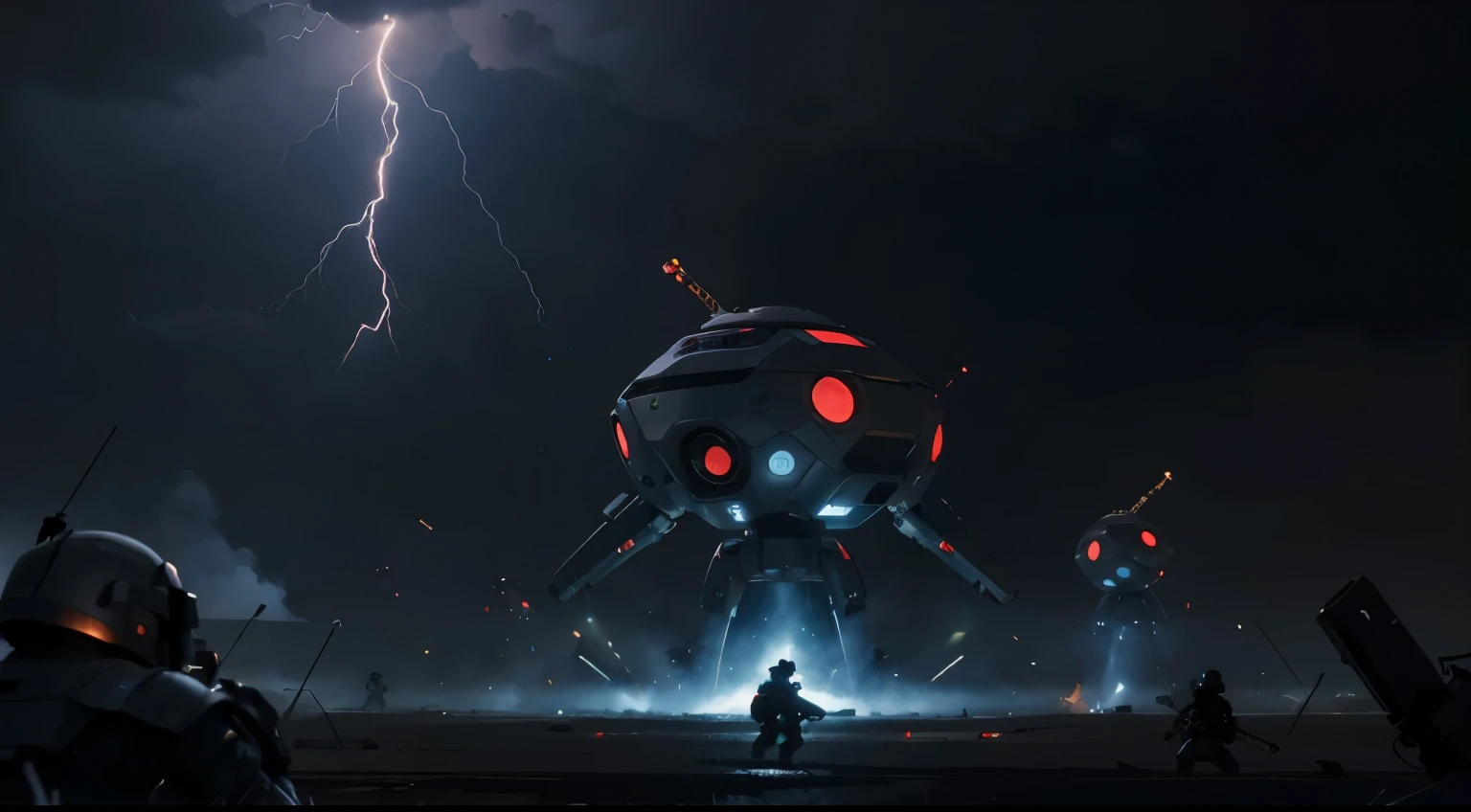 perspectiva do soldado, several soldiers, campo de guerra, ranged combat, morte, Several dead, explosions, Androids, Destroyed robots, planeta distante, navios voadores, noite, chovendo, raio, Thunder, melhor qualidade, estilo futurista , isometric