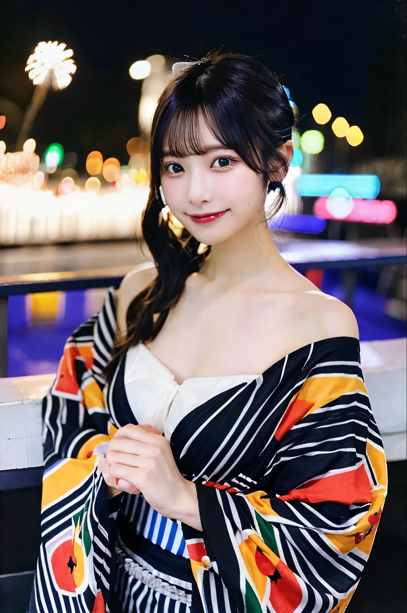 外用のyukataの女性、Striped fabric、night、Fireworks display、Black hair in a ponytail、yukata、Very large breasts、Very thin and long legs、Perfect figure、whole body、smile)、1 female、No makeup、23 years old、(masterpiece、8K,RAW Photos、High resolution:1.4)