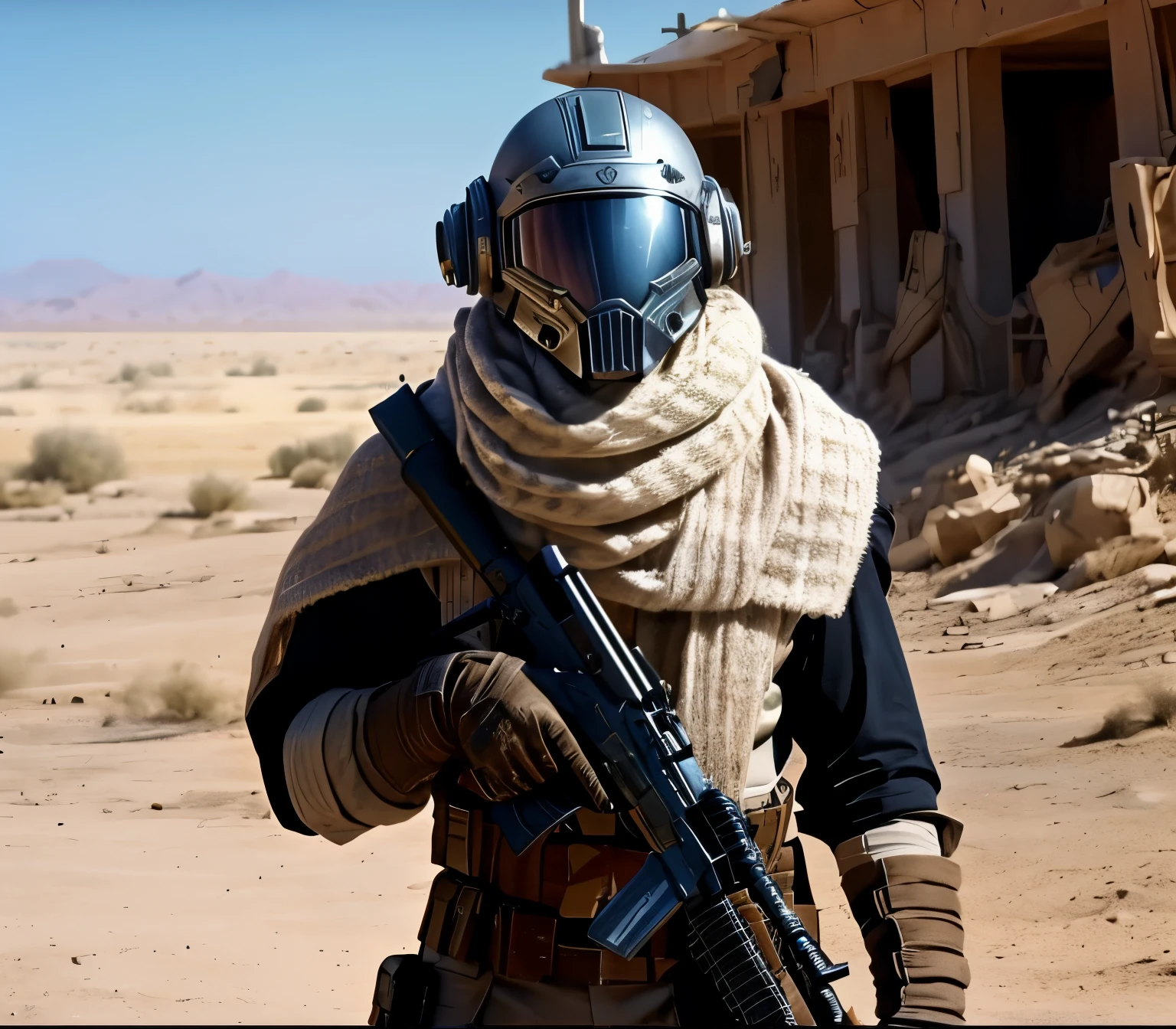 soldier wearing a Doom Slayer-style sci-fi helmet,usando shemagh militar,arabic keffiyeh,80's Style,filme de fantasia sombria, Screenshot of post-apocalyptic DVD,Fantasia Sombria,post-apocalypse, sci-fi, Filme de fantasia sombria, cobrindo o rosto,1980,--v4--ar 3:2, v-2-q4