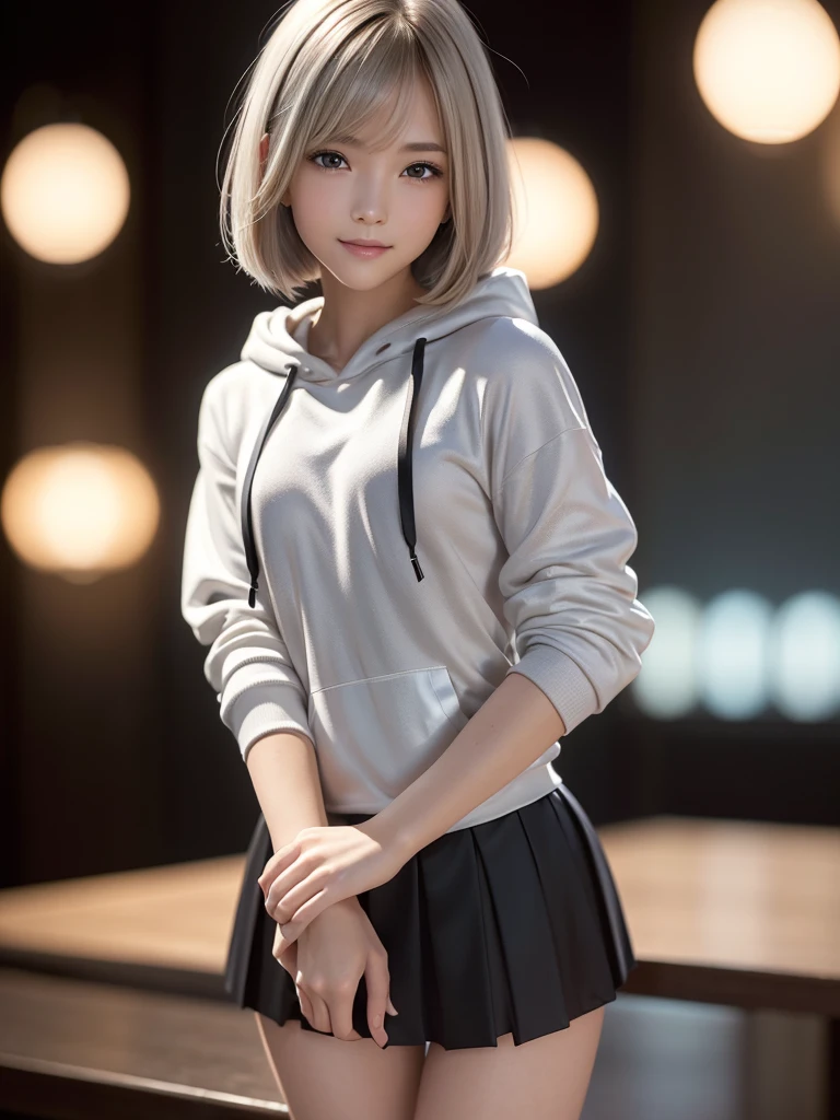 (8k, RAW Photos, highest quality, Tabletop:1.2), (Realistic, Photorealistic:1.4), (Highly detailed 8k wallpaper), Sharp focus, Depth of written boundary, Blur the background, Bokeh, Cinema Lighting, Soft Light, (whole body), 1 girl,18 years old famous Japanese idol, Perfect female body, indoor, (White and grey camouflage hoodie and black micro mini pleated skirt : 1.3), (Long, slender legs), (smile), Glossy lips, Beautiful fine details,Natural Makeup, Shiny and smooth short blonde bob hair, Asymmetrical bangs, Shiny skin, Center image, High resolution, Attention to detail, Detailed hairstyle, Detailed face, 素晴らしいCinema Lighting, Octane Rendering, Vibrant, Ultra-realistic, Perfect limbs, Perfect Anatomy