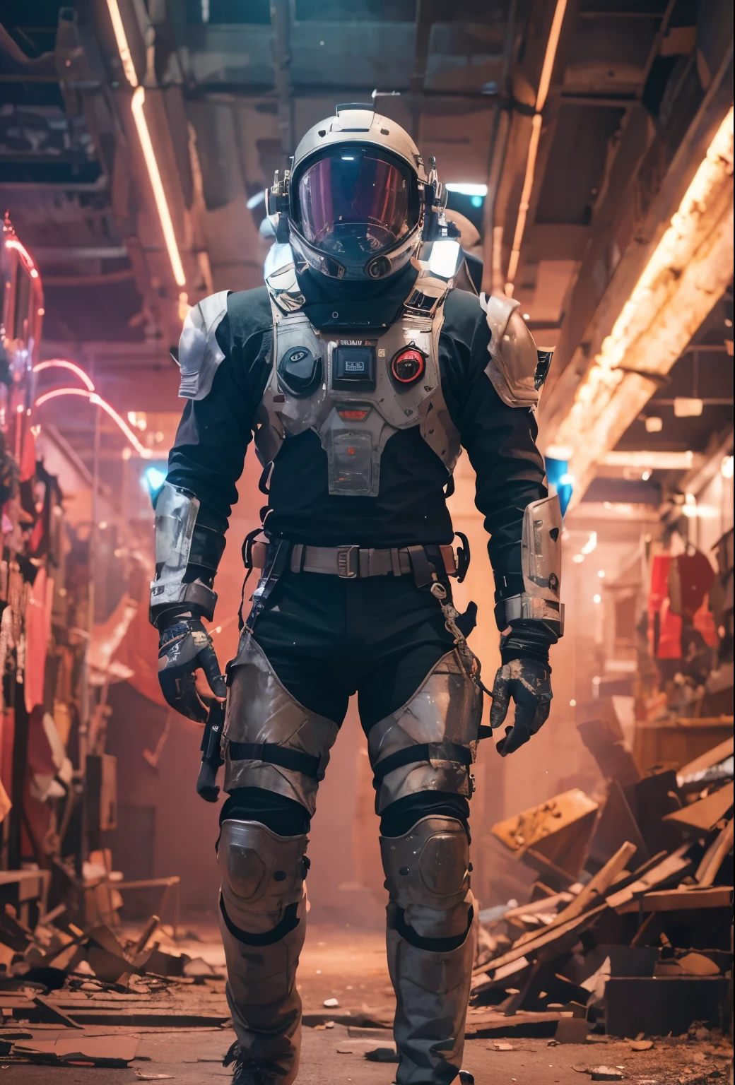 Design estilo Bandcine Ruins of the building district vento forte Homem em um traje espacial