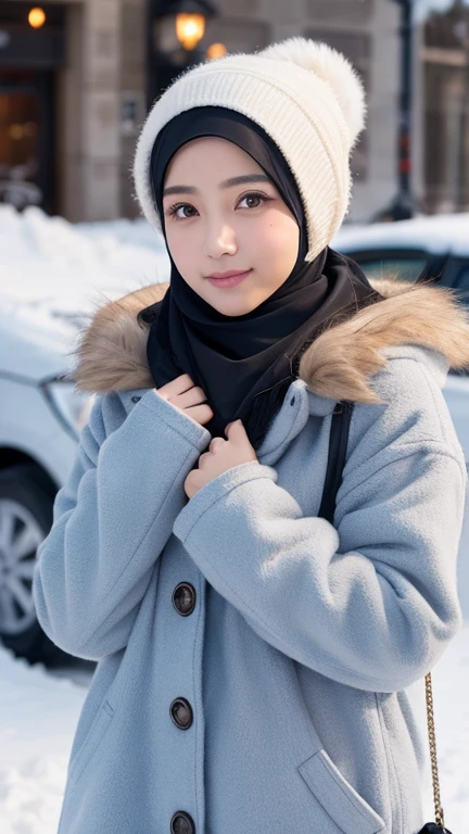 Beautuful muslim women, hijab, Japanese, realistic, ultra detailed face, 8K, cute, beautiful, fur winter coat, snowy city