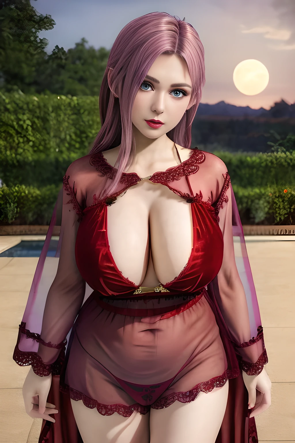 1girl,(RED theme: 1.2), (Sheer fabric pajamas: 1.2),(Velvet fabric robe: 1.2), (Ice flower Robe: 1.15), ,garden,moon,(huge breasts),lactating,(lip gloss),(masterpiece), best quality, (real life portrait photography:1.5),unltra detailed,8K,Shot with a professional-grade camera like the Nikon D850,every intricate detail is captured, from the subtlest expression to the glimmer of anticipation in her eyes,Focus on thighs and above,solo, elise,