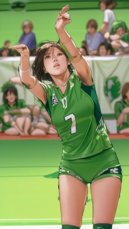 A woman in her 50s wearing a green uniform is serving a volleyball in front of a crowd, Wearing a volleyball jersey, chiho ashima, akikazu mizuno, shinsui ito, Hole in the Motto, mao hamaguchi, ((Tatsuro Yamashita)), Marin Kitagawa, yuuka kazami, yuuki hagure, deayami kojima