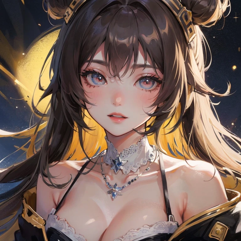 ((best quality)), ((masterpiece)), (detailed), 完美Body，best quality, masterpiece, High resolution, 1 Girl,blush,(Charming smile:0.8),Star-shaped pupil,Dress,Hair accessories,necklace, Jewelry,Pretty Face,Above_Body, ，Full breasts，Complete，Tyndall effect,Reality, Dark Studio, Edge lighting, Two-tone lighting,(High Detail Skin:1.2), 8K uhd, Digital SLR Camera,Wide Angle，Third person perspective， soft light, high quality, Volumetric Lighting, frank, photo, high resolution, 4k, 8K, Bokeh,huge ,Wide hips,(National Foundation:0.6),