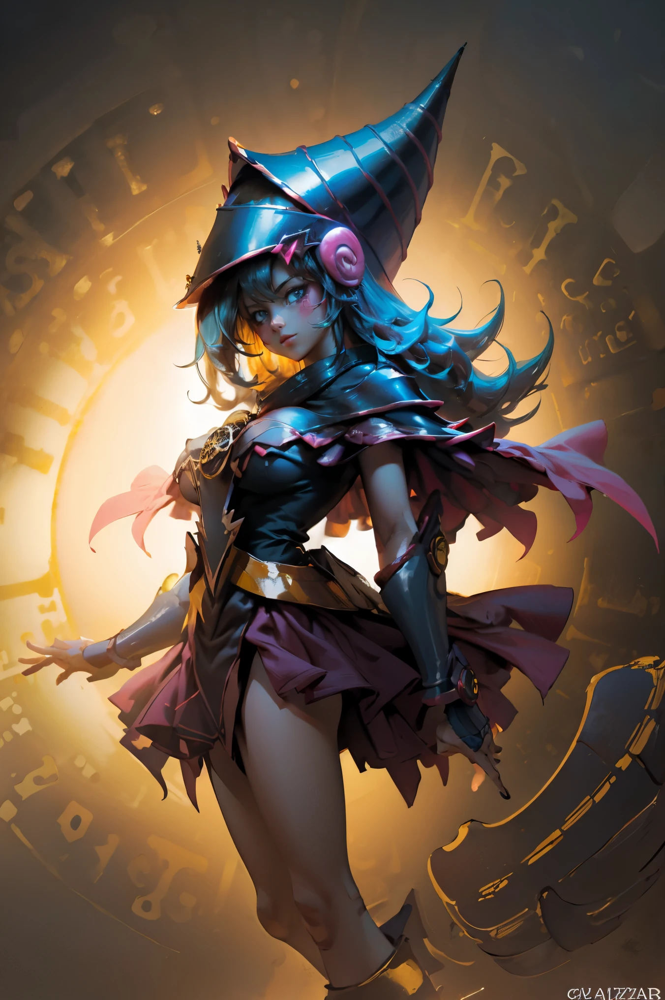(Obra maestra:1.2), (La mejor calidad:1.2), perfect lighting, Chica Maga Oscura lanzando un hechizo, En sus veinte, flotando en el aire, tetas grandes, escote, bata azul, sombrero grande, desde arriba, Destellos, Yugioh juego, magic of the heart. luces del corazon, Romantic heart