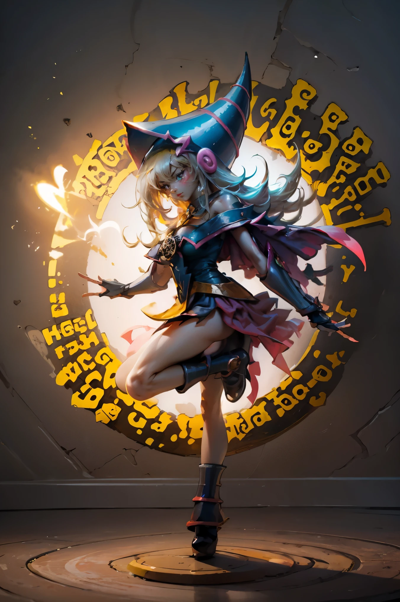 (Obra maestra:1.2), (La mejor calidad:1.2), perfect lighting, Chica Maga Oscura lanzando un hechizo, En sus veinte, flotando en el aire, tetas grandes, escote, bata azul, sombrero grande, desde arriba, Destellos, Yugioh juego, magic of the heart. luces del corazon, Romantic heart