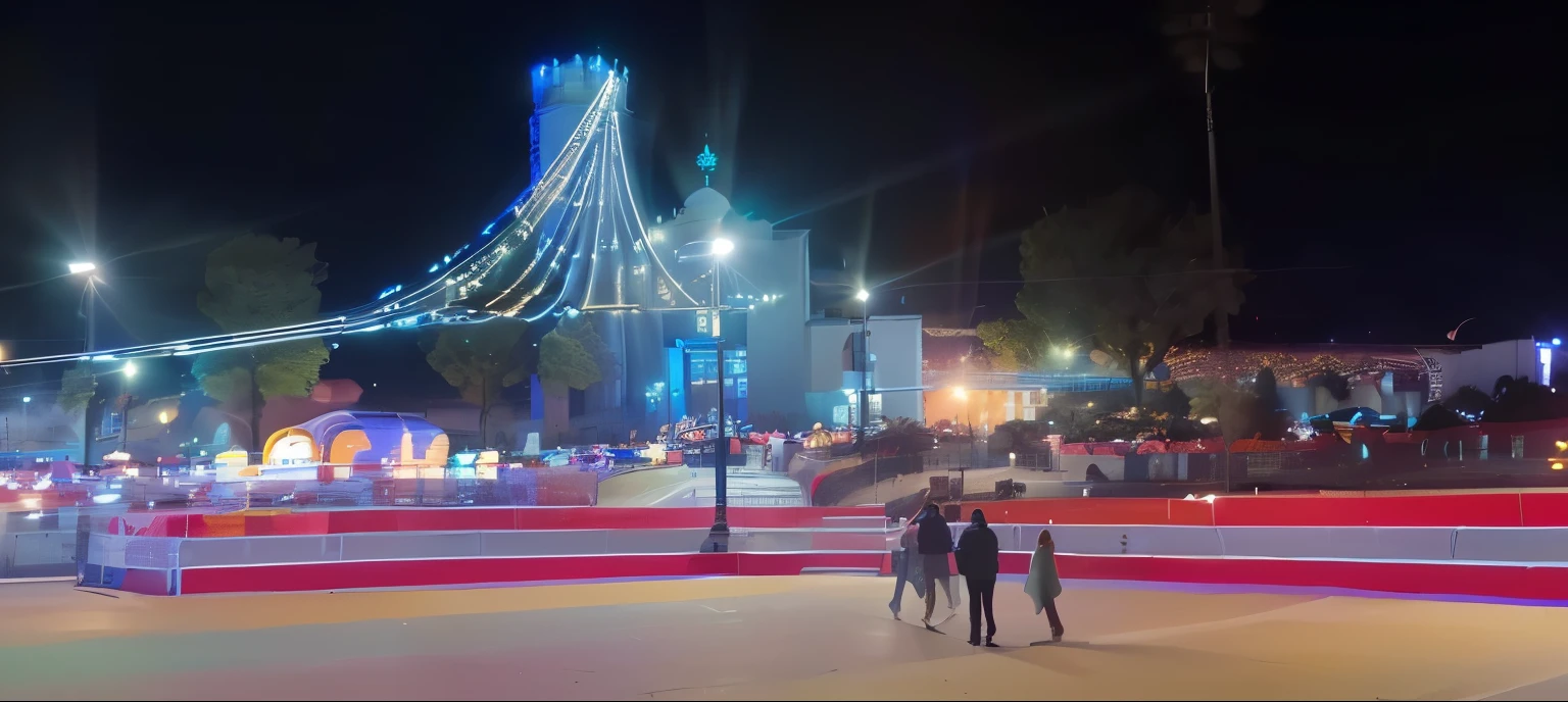 hay gente parada en una pista de circo por la noche, con luces brillantes en la noche, foto tomada en la noche, Luces LED alrededor del lugar, feria del templo, festival. Panoramic view at night, durante la noche, por la noche, Hermosa imagen, Photography, foto nocturna, vista nocturna, plaza de la ciudad, por la noche, de noche con luces, por Bernard Daddy, imagen muy coherente