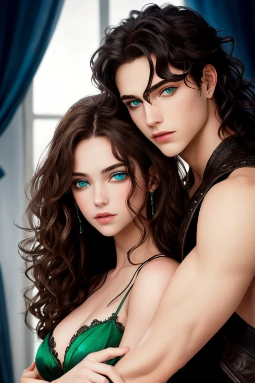 1 girl with curly and long brown hair with blue eyes and a male demon boy with wavy hair with emerald eyes and they s'aiment.
Le fonds est avec des flammes