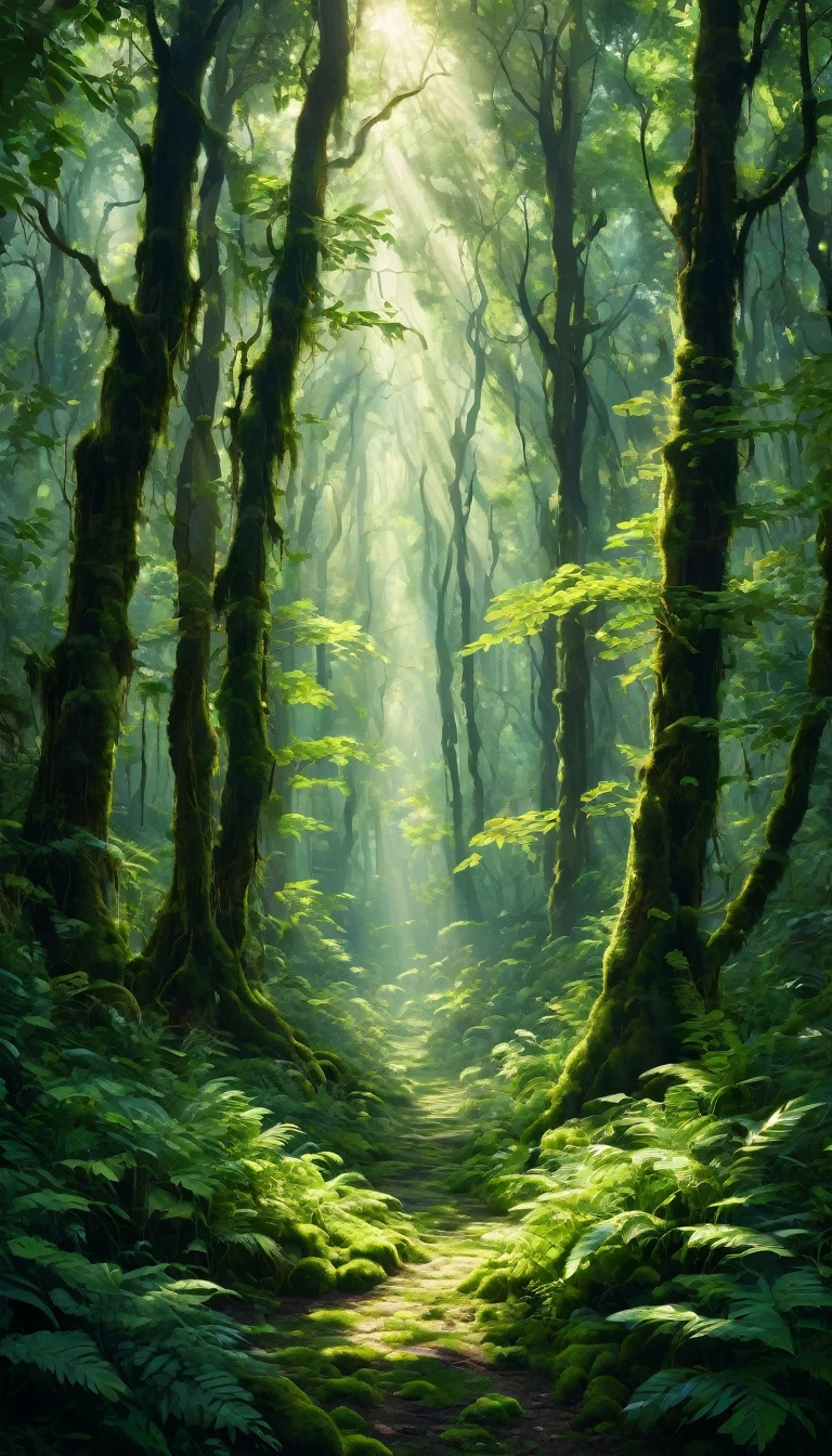 "A cinematic setting of a dense forest is portrayed with rich detail. The lush, dense vegetation creates an atmosphere of mystery and beauty. Tall, leafy trees intertwine to form a verdant canopy that filters sunlight, creating patterns of shadow and light on the moss-covered floor. The air is damp and filled with earthy, vegetal aromas. Sun filtered through the leaves creates a play of light and shadow, highlighting the texture of the leaves, branches and tree trunks. The scene conveys a feeling of serenity and connection with nature, inviting the viewer to get lost in the beauty of the forest."