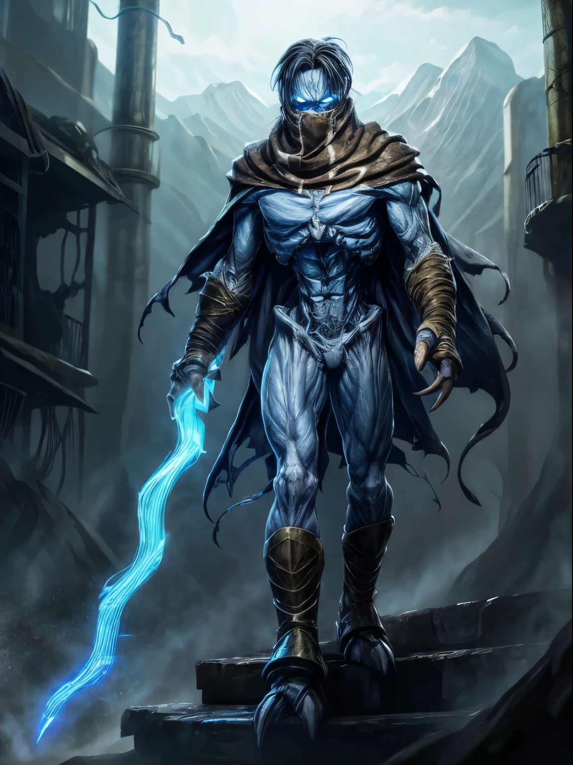 masterpiece, trending on artstation, concept art, man with skin of a light blue shade, wears a brown scarf covering his jaw, white eyes without pupils glowing, three claws instead of fingers, his blue skeleton is visible, torn wings,  wields spectral blade, in the background is a an apocalyptic city at down