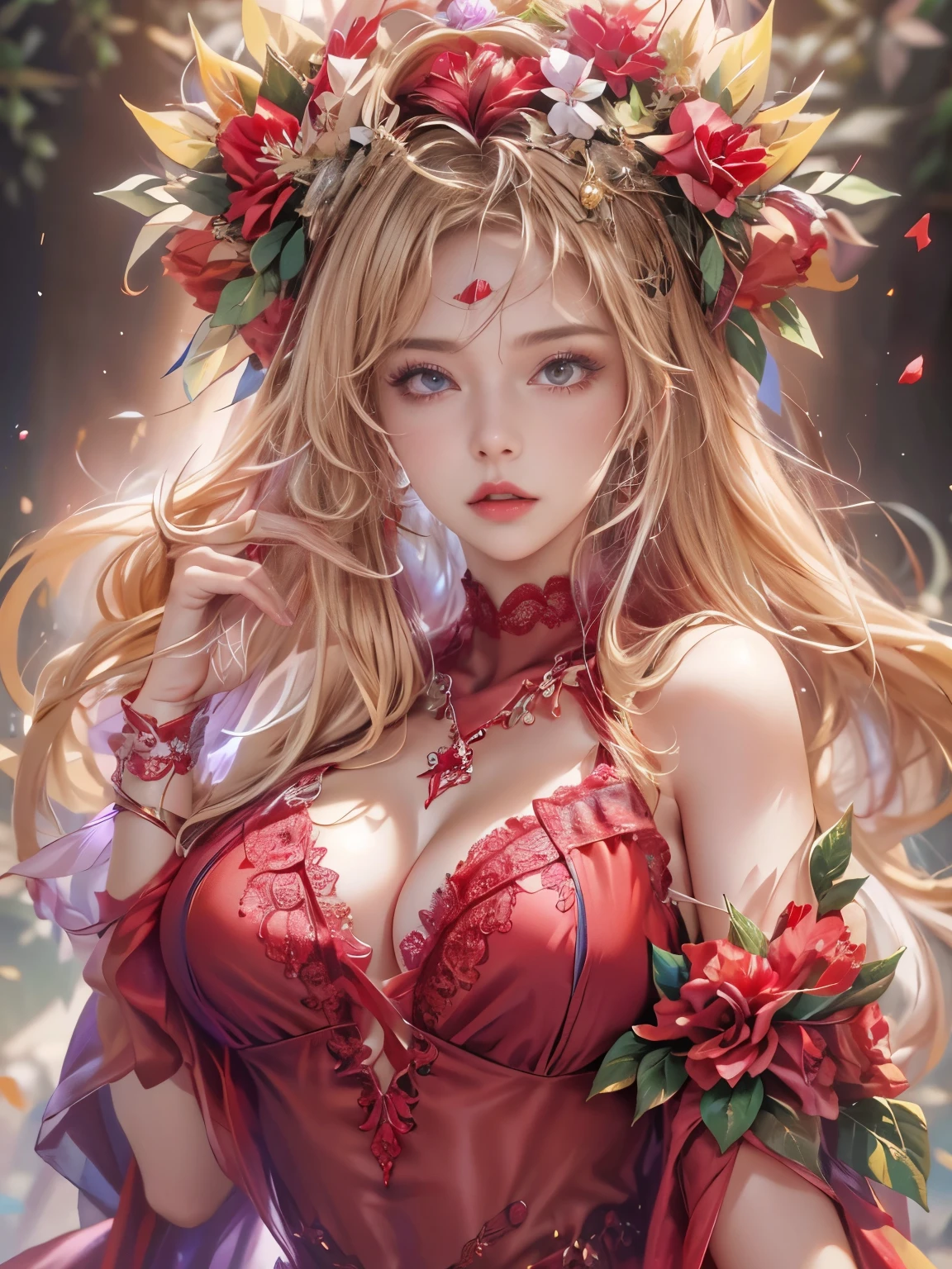 Ultra-high resolution, highest quality, photograph, 4K, (Realistic:1.4), Girl with a wreath on her head, Long Blonde Hair, Big firm Breasts, hard nipples, Sexy, Sharp Eyes, Break, dynamic sexy poses, sweat, wearing (red:1.2) see-through long frilly dress, lace long cape, jewelries, cleavage is exposed, Add light purple and purple, Add Light Red, Intricate details, Splash screen,