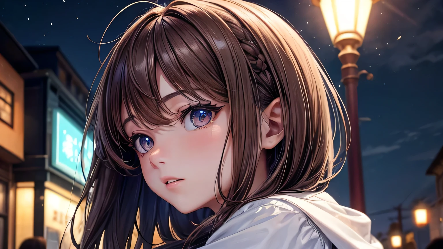 One woman : 1.3, Light brown hair: 1.2, , night: 1.2,night,Night Town: 1.1, Ultra-high resolution, Accurate, Super detailed, Textured skin, High detail, highest quality, 8k,Thin bangs,Upper Body,Well-drawn eyes, Focus on the face,Oversized shirt,Detailed hair depiction,Detailed depiction of eyes、Detailed depiction of hair、Street lamp、Night Town、profile