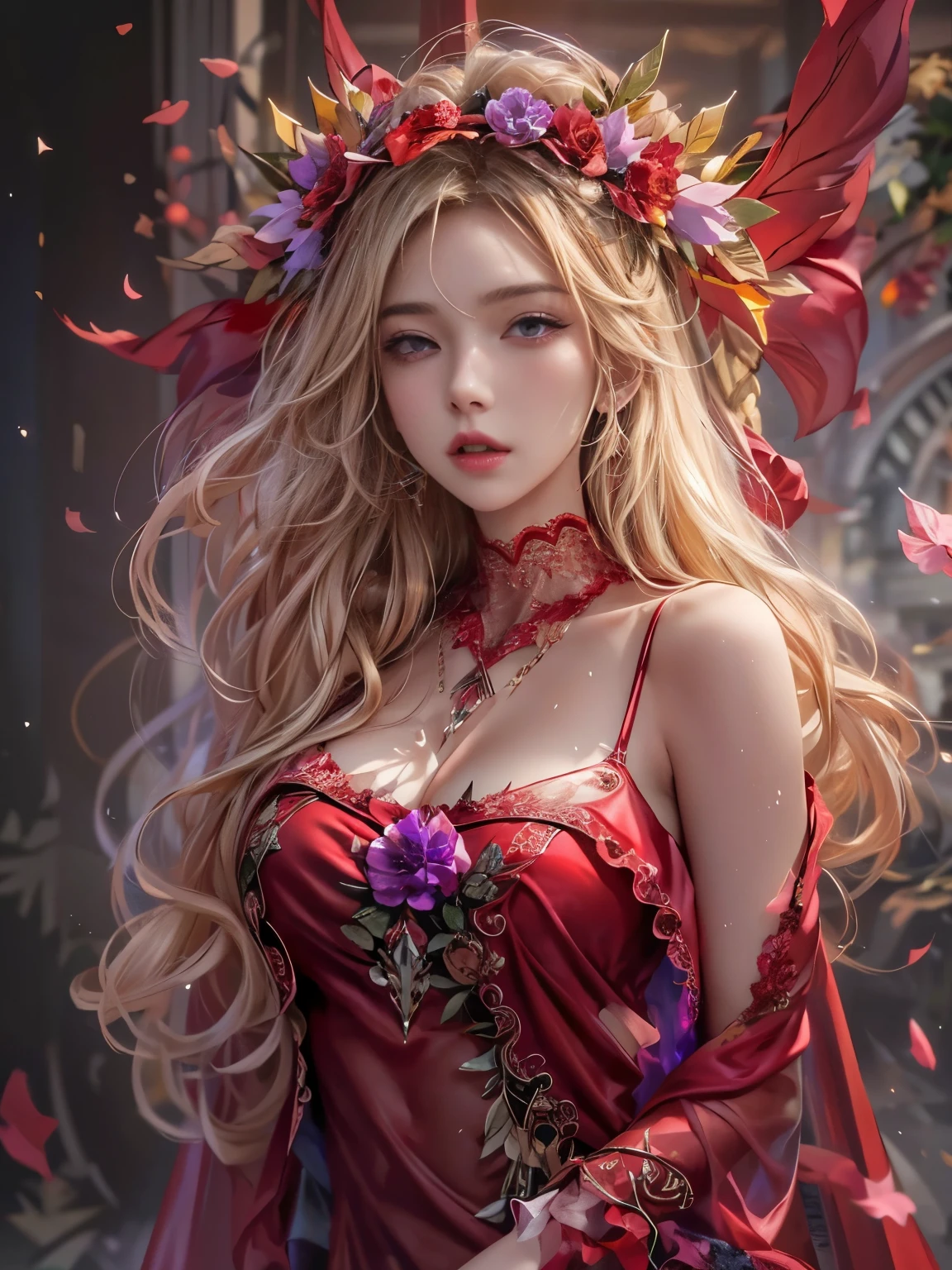 Ultra-high resolution, highest quality, photograph, 4K, (Realistic:1.4), Girl with a wreath on her head, Long Blonde Hair, Big firm Breasts, hard nipples, Sexy, Sharp Eyes, Break, dynamic sexy poses, sweat, wearing (red:1.2) see-through long frilly dress, lace long cape, jewelries, cleavage is exposed, Add light purple and purple, Add Light Red, Intricate details, Splash screen, 