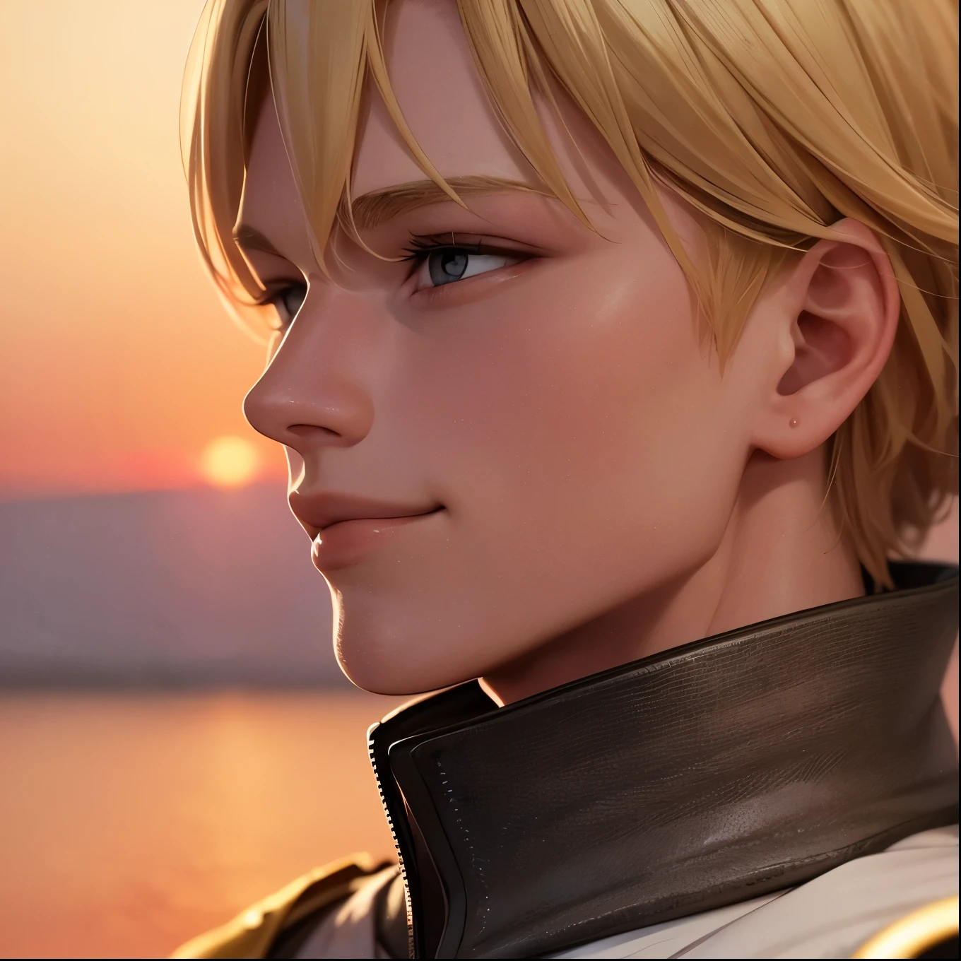 Blond man 18 years old with gray eyes Looks with a warm smile into the distance Middle Ages close-up sunset background high quality masterpiece dramatic lighting, perfect face, face profile 