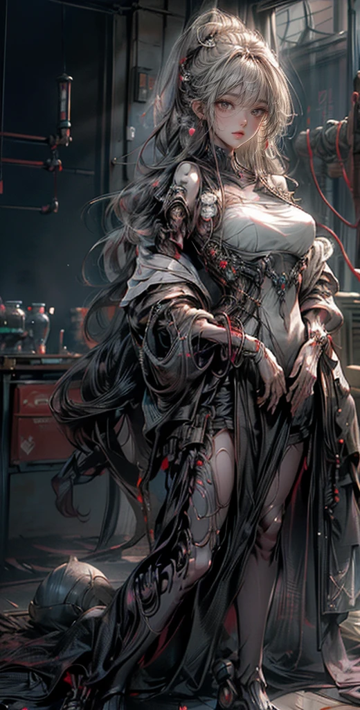 Beautiful face,Facing Japan, 1 woman, Curvaceous, (64 K, Raw photo, of the highest quality, masutepiece: 1.2), (Realistic, Photorealistic) (Tube attached to the body), (Bikini Cyborg Robot Parts), (Light gray hair), Long hair, Wavy Hair, Twin-tailed, medium shot, ( Seductive smile)), (Black eyes), Double eyelids, Princess Cut, From below, (Whole body),Posing,,In the laboratory,( Mechanical neck attached to mechanical vertebral neck attached to back with tubes connected to blood vessels)),(Wires and cables mounted on the head and body),(Character Focus),Science fiction,Perfect female figure,Perfect Anatomy, parfect anatomy, Full body shot, detailed fingers,Smooth skin, 1.mechanical girl, Depth of field focus f/2.8, (Ultra-realistic details)), contrast, shadow, Octane Rendering, 64k, Extremely sharp, Cleavage exposed, Rawhide, Exquisite decorative details, Japan Details, Very intricate details, realistic light, CG art Soation, Neon details, Small LED lights.