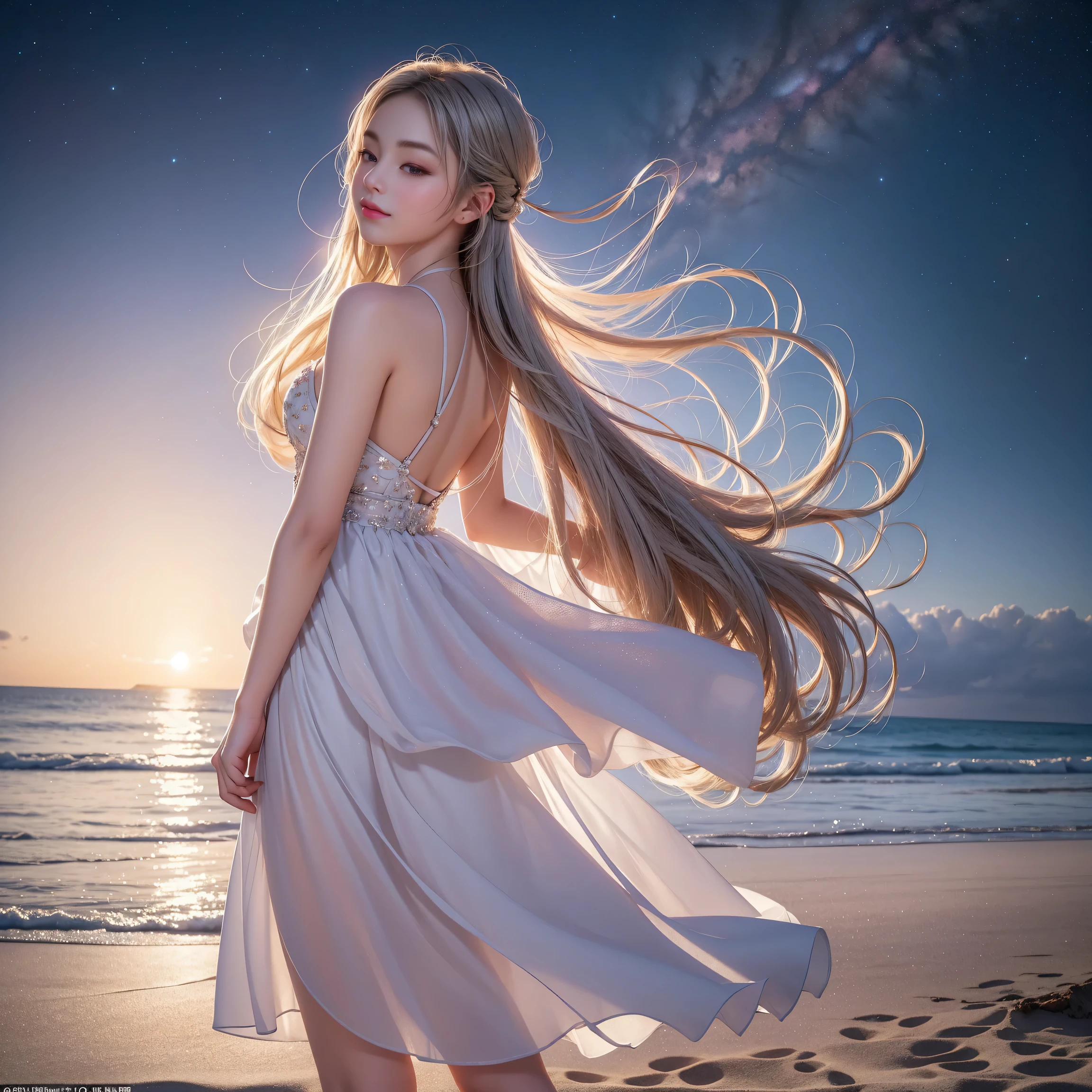 (The Milky Way Galaxy in the sky),((Girl walking on the beach at night))、((Rear view)),(Looking up),Best quality work,actual work,Ultra Premium Graphics,8K HD CG Works,High quality graphics,High-definition CG works,10x pixels,Extremely fine detail:1.1,Advanced Technical Details:1.1 Photorealistic,Starry Sky Gradient:1.5,Natural light:1.5. Light effects(virtual Light effects:1.8),Long silver hair(Hair fluttering in the wind), Thin eyebrows,High nose, Nice red lips, Rose Cheeks, Modest makeup face , Cute Face, Perfectly balanced face,(A girl wearing),Light-colored foundations enhance the clarity of your skin..,(Her close your eyes)、Adds elegance and sophistication、Swaying with her movements。Her hair is casually tied back,Fix with hosta,A few strands of hair are swaying gently in the wind,Add a little softness、Charmed everyone'Note、Grace、mystery、Full of power,()、((close your eyes()),Lift your head,Thick and long black hair,very elaborate body,Highly detailed face,highest quality、(P私NK Underwear),((Translucent white dress))、(smile),Thick and long black hair,very elaborate body,Highly detailed face,highest quality,((The hem of the skirt is fluttering in the wind)),((Sexy pose)),(The Milky Way Galaxy in the sky),((The backlight makes the body lines look like a silhouette.)),((Just after sunset)),