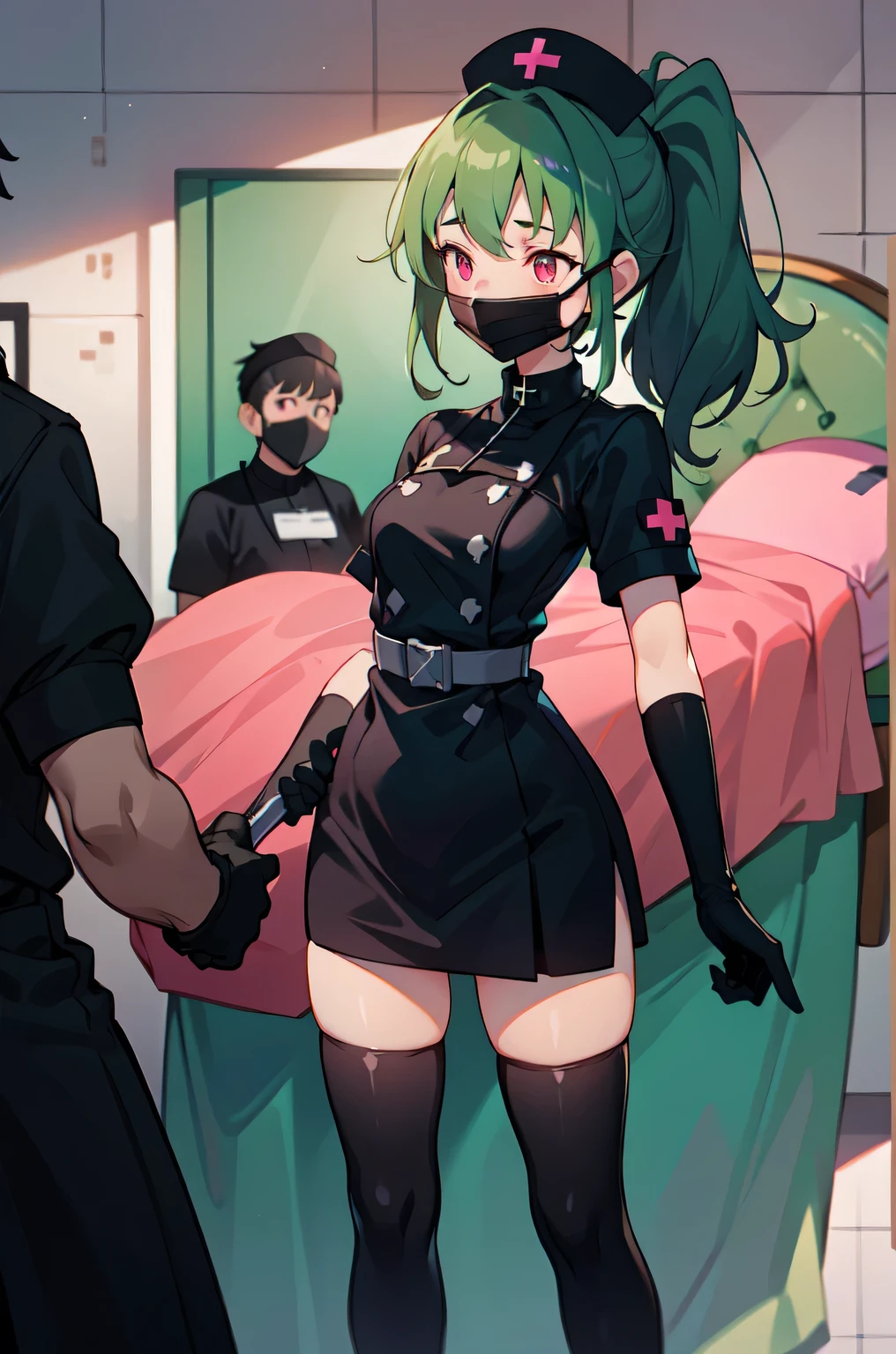 black nurse, 1girl, solo, black nurse cap, black nurse uniform, ((black legwear, zettai ryouiki)), black elbow gloves, ponytail, green hair, pink eyes, ((black surgical mask, covered nose)), standing, ((surgery room)), sharp outline, short sleeves, best quality, masterpiece