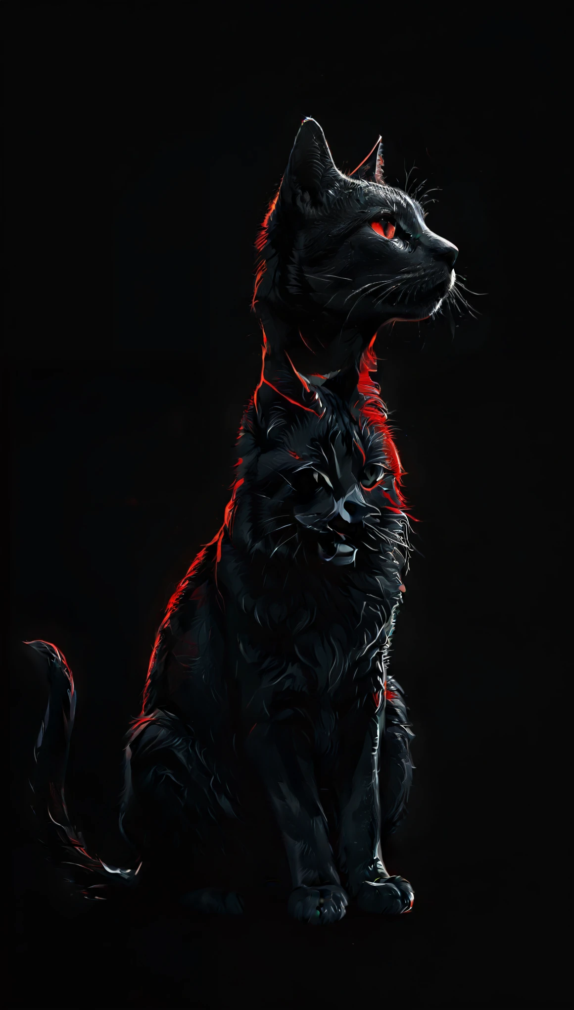 in style of Daniel Merriam,
Silhouette Art,line art drawing,a fine color lineart sketch of a elegant cat silhouette outline,(red and grey on black.:1.5),. professional,sleek,modern,minimalist,graphic,line art,vector graphics,high contrast,well defined,Silhouette Art,
(darkness:1.7),(very detailed shadows:1.5),detailed sword body,detailed neon,close-up of the upper body,absolute shadows,(absolutely dark:1.8),(black silhouette:1.4),