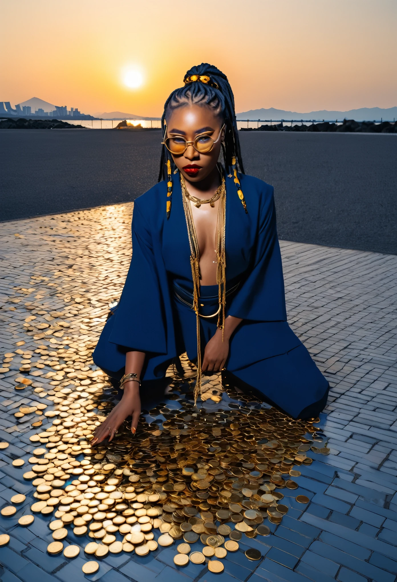 wearing the gold chain glasses several gold coin scattered on the floor, Create the image of a black samurai woman, with braided dreadlocks, modern hair posing in Japan with a beautiful sunset and covered in blood in white blue and white , with full body view

