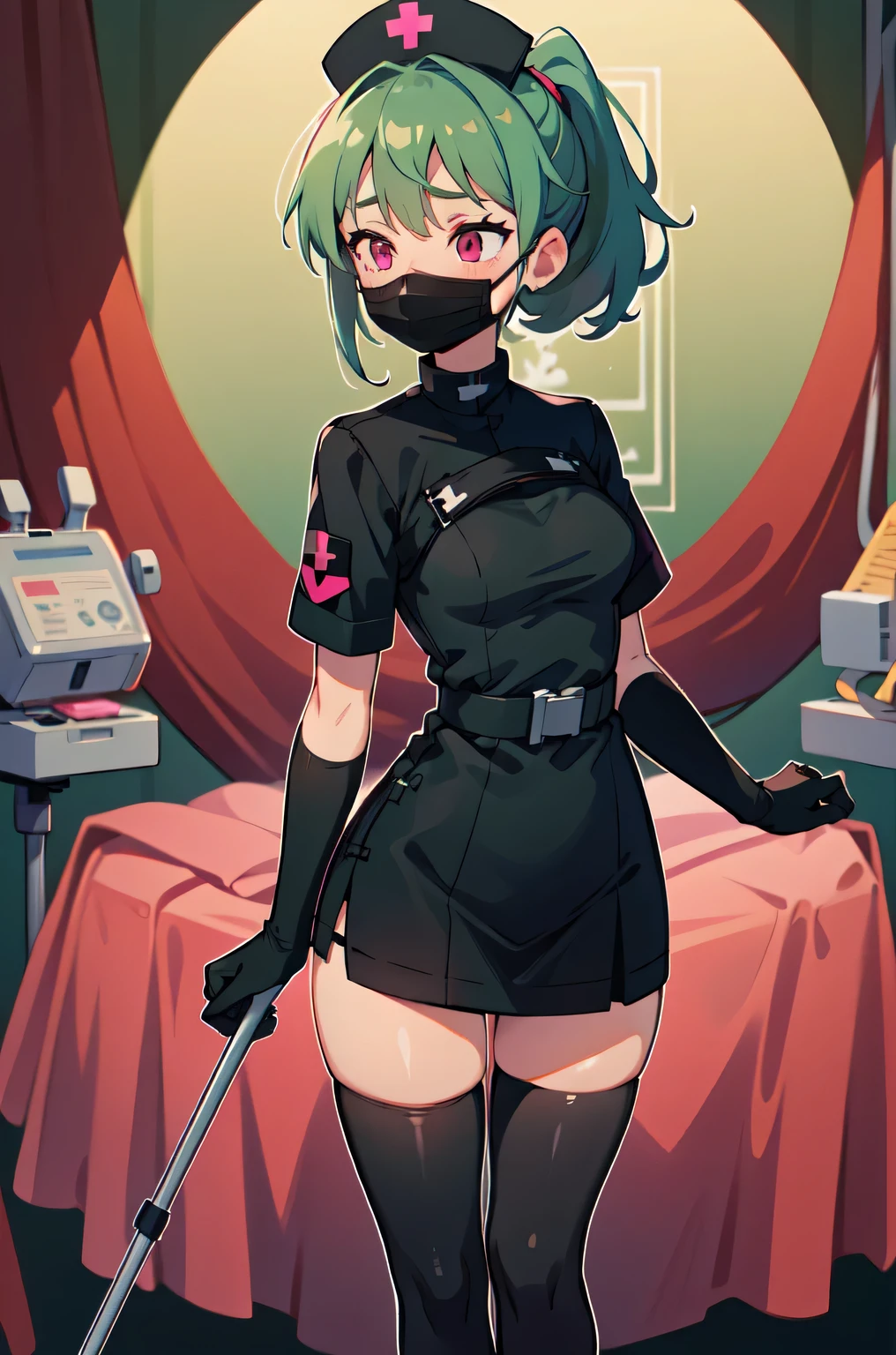 black nurse, 1girl, solo, black nurse cap, black nurse uniform, ((black legwear, zettai ryouiki)), black elbow gloves, ponytail, green hair, pink eyes, ((black surgical mask, covered nose)), standing, ((surgery room)), sharp outline, short sleeves, best quality, masterpiece