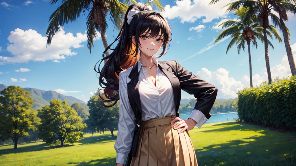 1girl, full body, solo, summer, village, trees, sun, clouds, ((colorful hair)), long hair, curly hair, ponytail, large breasts, ((black blazer)), button down shirt, ((white shirt)), ((short sleeved shirt)), ((unbuttoned shirt)), unbuttoning buttons, brown eyes, skirt, smile, looking at the viewer, standing, hair ribbon, golden necklate, hand on hip, cheers