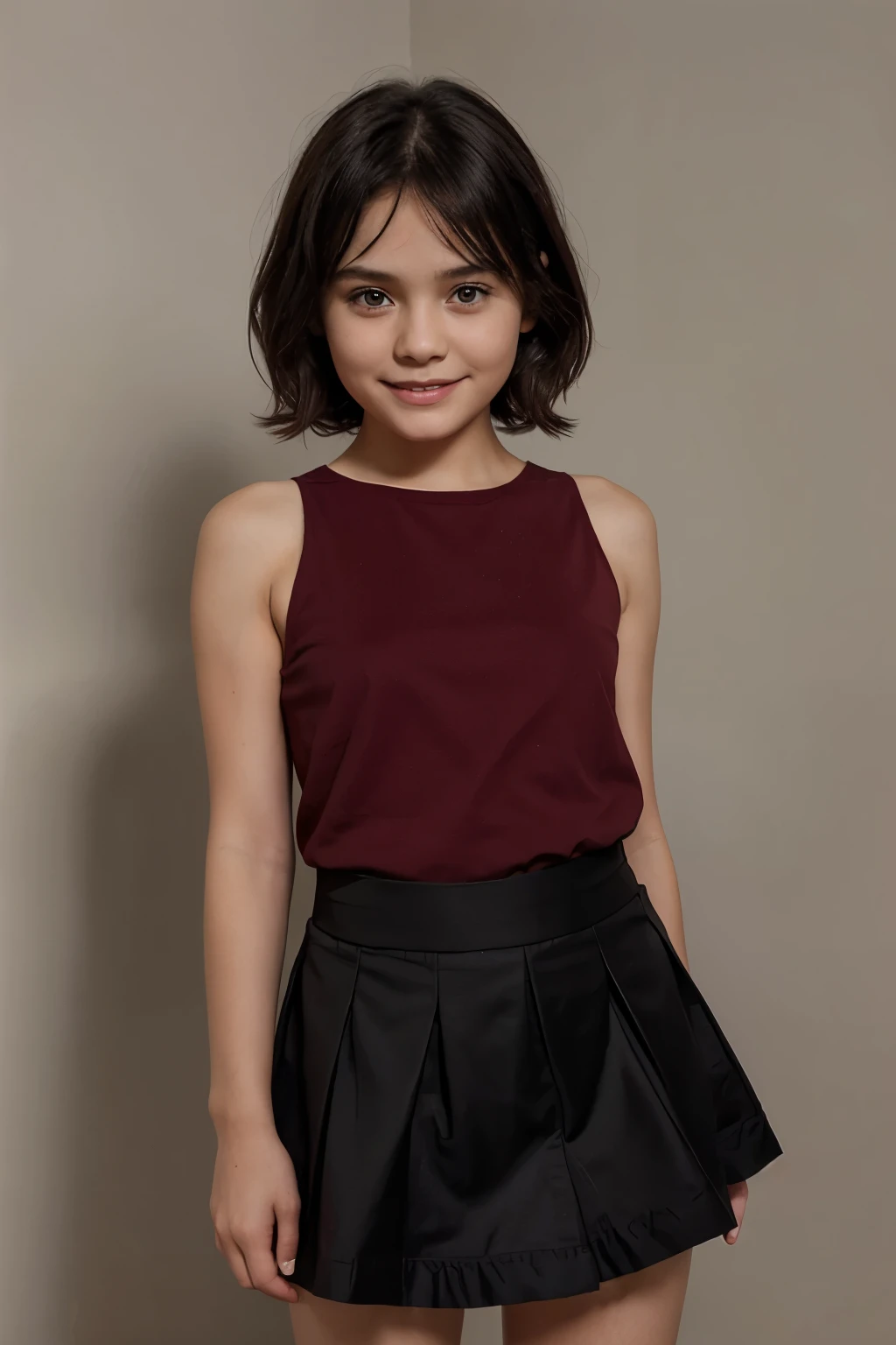 An adorable 7 year old with a pretty face and a radiant smile. Her short black hair falls delicately to her shoulders.. She is wearing a black skirt and a red blouse, with the full body visible in the image