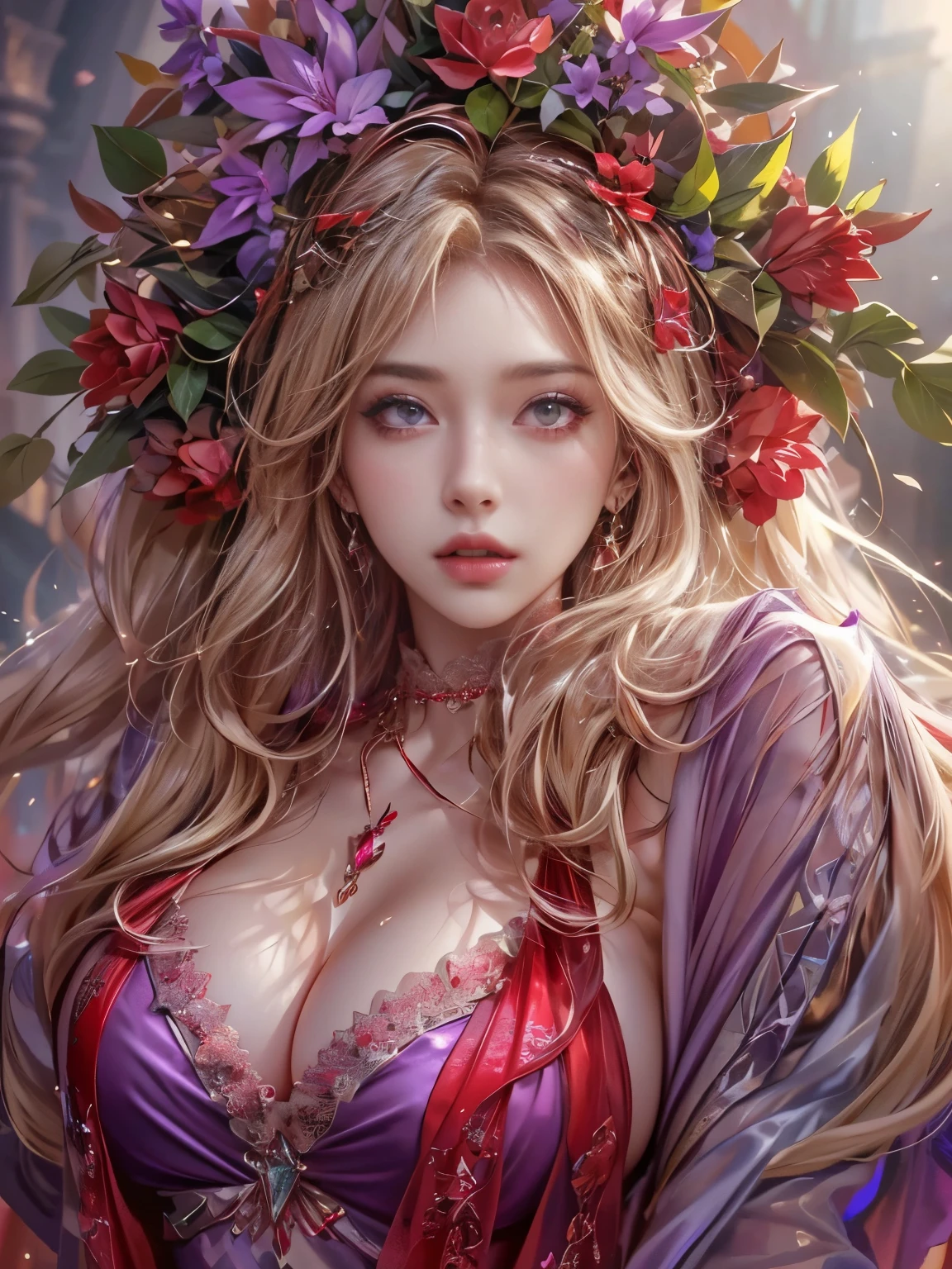 Ultra-high resolution, highest quality, photograph, 4K, (Realistic:1.4), Girl with a wreath on her head, Long Blonde Hair, Big firm Breasts, hard nipples, Sexy, Sharp Eyes, Break, dynamic sexy poses, sweat, wearing (red:1.2) see-through long frilly dress, lace long cape, jewelries, cleavage is exposed, Add light purple and purple, Add Light Red, Intricate details, Splash screen,