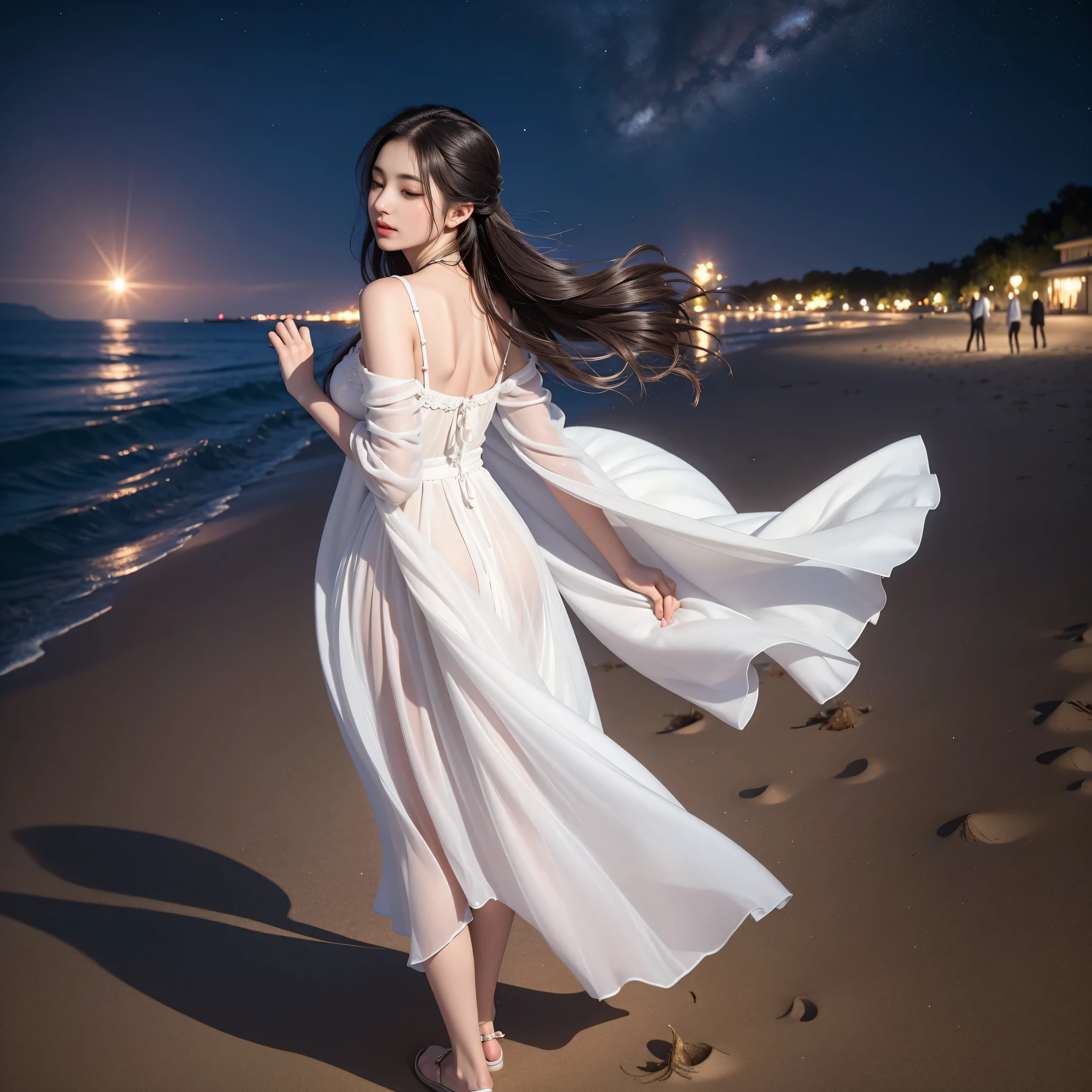 ((Girl walking on the beach at night))、((Rear view)),(Looking up),Best quality work，actual work，Ultra Premium Graphics，8K HD CG Works，High quality graphics，High-definition CG works，10x pixels，Extremely fine detail：1.1，Advanced Technical Details：1.1 Photorealistic，Starry Sky Gradient：1.5，Natural light：1.5. Light effects（virtual Light effects：1.8），Long silver hair（Hair fluttering in the wind）, Thin eyebrows，High nose, Nice red lips, Rose Cheeks, Modest makeup face , Cute Face, Perfectly balanced face，(A girl wearing），Light-colored foundations enhance the clarity of your skin..，（Her close your eyes)、Adds elegance and sophistication、Swaying with her movements。Her hair is casually tied back，Fix with hosta，A few strands of hair are swaying gently in the wind，Add a little softness、Charmed everyone&#39;Note、Grace、mystery、Full of power,()、（(close your eyes（）),Lift your head，Thick and long black hair，very elaborate body，Highly detailed face，highest quality、(P私NK Underwear),((Translucent white dress))、(smile)，Thick and long black hair，very elaborate body，Highly detailed face，highest quality,((The hem of the skirt is fluttering in the wind)),((Sexy pose)),(The Milky Way Galaxy in the sky),((The backlight makes the body lines look like a silhouette.)),