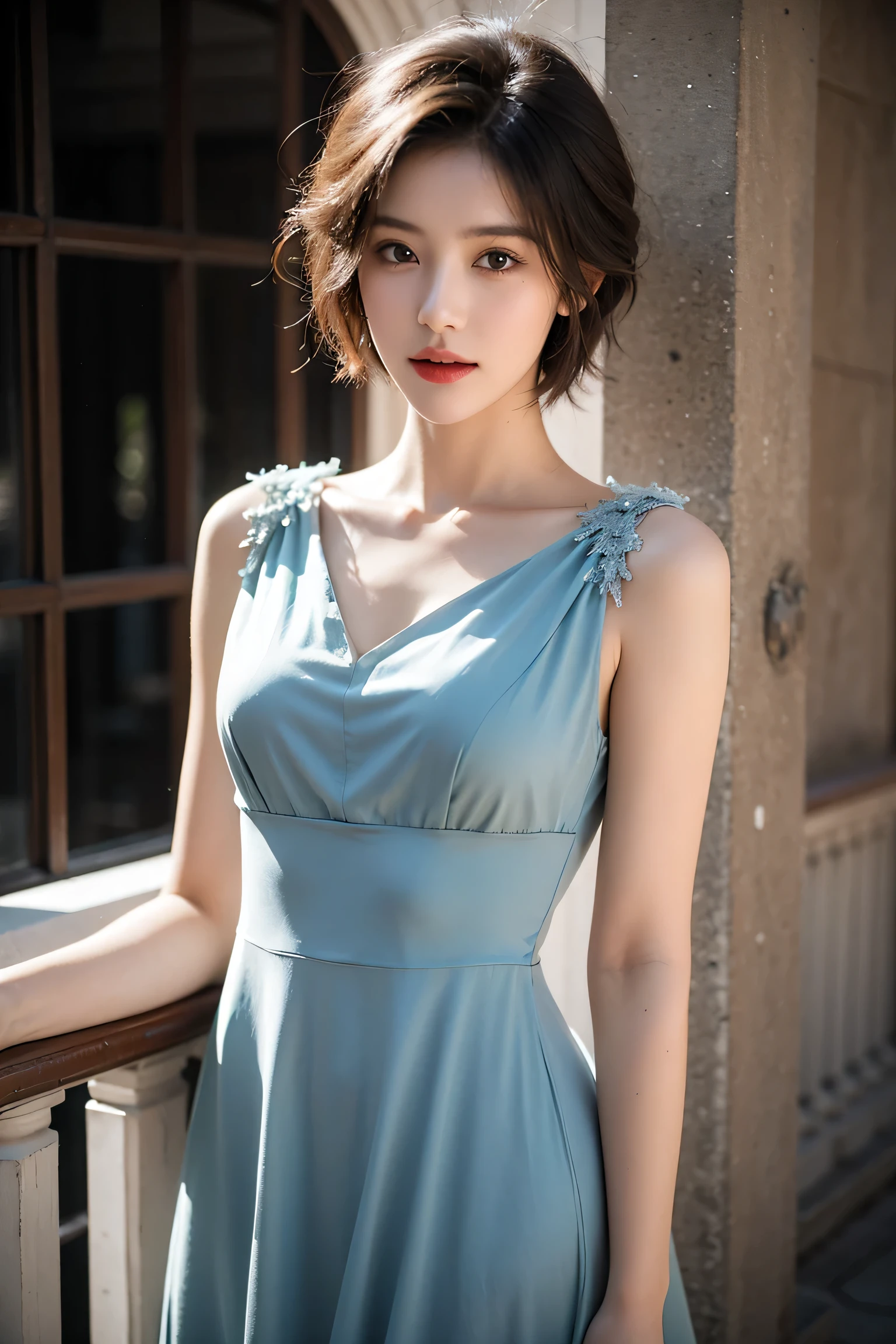 Realistic photography, beautiful woman , short hair ,Dress