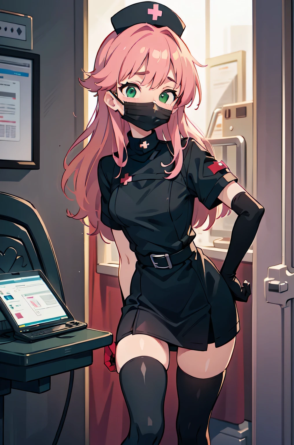 black nurse, 1girl, solo, black nurse cap, black nurse uniform, ((black legwear, zettai ryouiki)), black elbow gloves, pink hair, green eyes, drooping eyes, ((black surgical mask, covered nose)), standing, ((surgery room)), sharp outline, short sleeves, best quality, masterpiece
