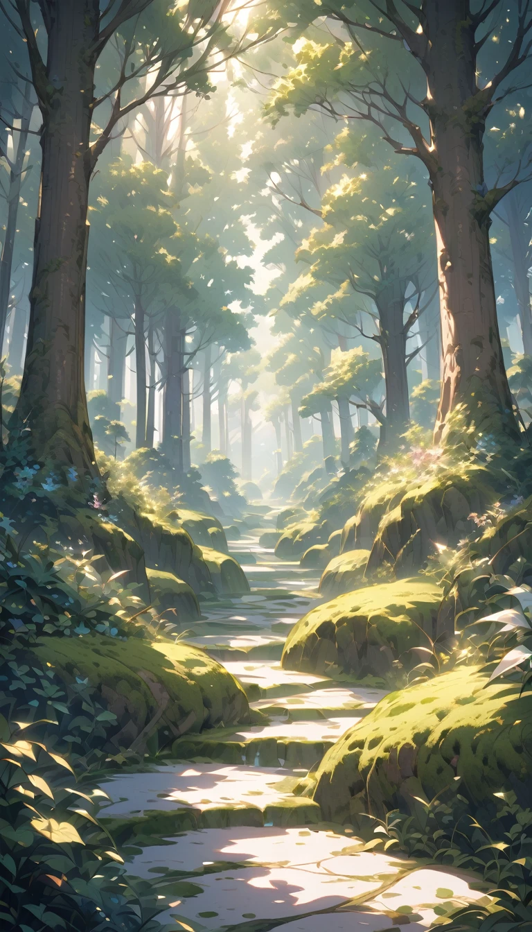 "A cinematic setting of a dense forest is portrayed with rich detail. The lush, dense vegetation creates an atmosphere of mystery and beauty. Tall, leafy trees intertwine to form a verdant canopy that filters sunlight, creating patterns of shadow and light on the moss-covered floor. The air is damp and filled with earthy, vegetal aromas. Sun filtered through the leaves creates a play of light and shadow, highlighting the texture of the leaves, branches and tree trunks. The scene conveys a feeling of serenity and connection with nature, inviting the viewer to get lost in the beauty of the forest."
