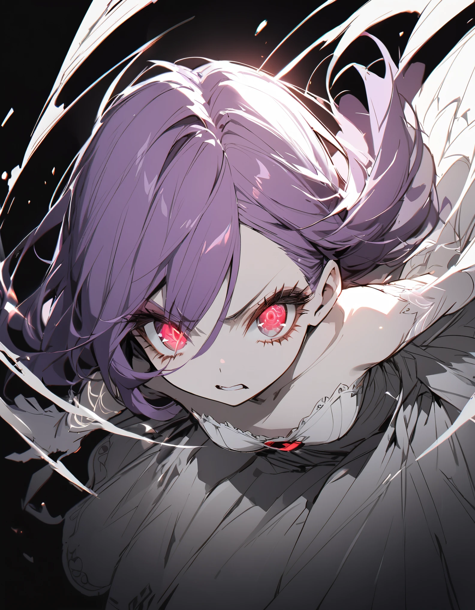 (Sketches),(eyelash:1.3),(Black background:1.2),View ViewerHigh Resolution, Cute One Girl, Beautiful and fine details, Long purple hair, Pale red eyes, Original Costume、Princess Dress, Glowing Skin, Leaning forward side shot high contrast angry fighting(eye shadow:1.3)(Medium chest:1.3)magic circle