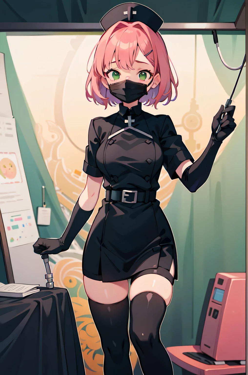 black nurse, 1girl, solo, black nurse cap, black nurse uniform, ((black legwear, zettai ryouiki)), black elbow gloves, pink hair, green eyes, drooping eyes, ((black surgical mask, covered nose)), standing, ((surgery room)), sharp outline, short sleeves, best quality, masterpiece