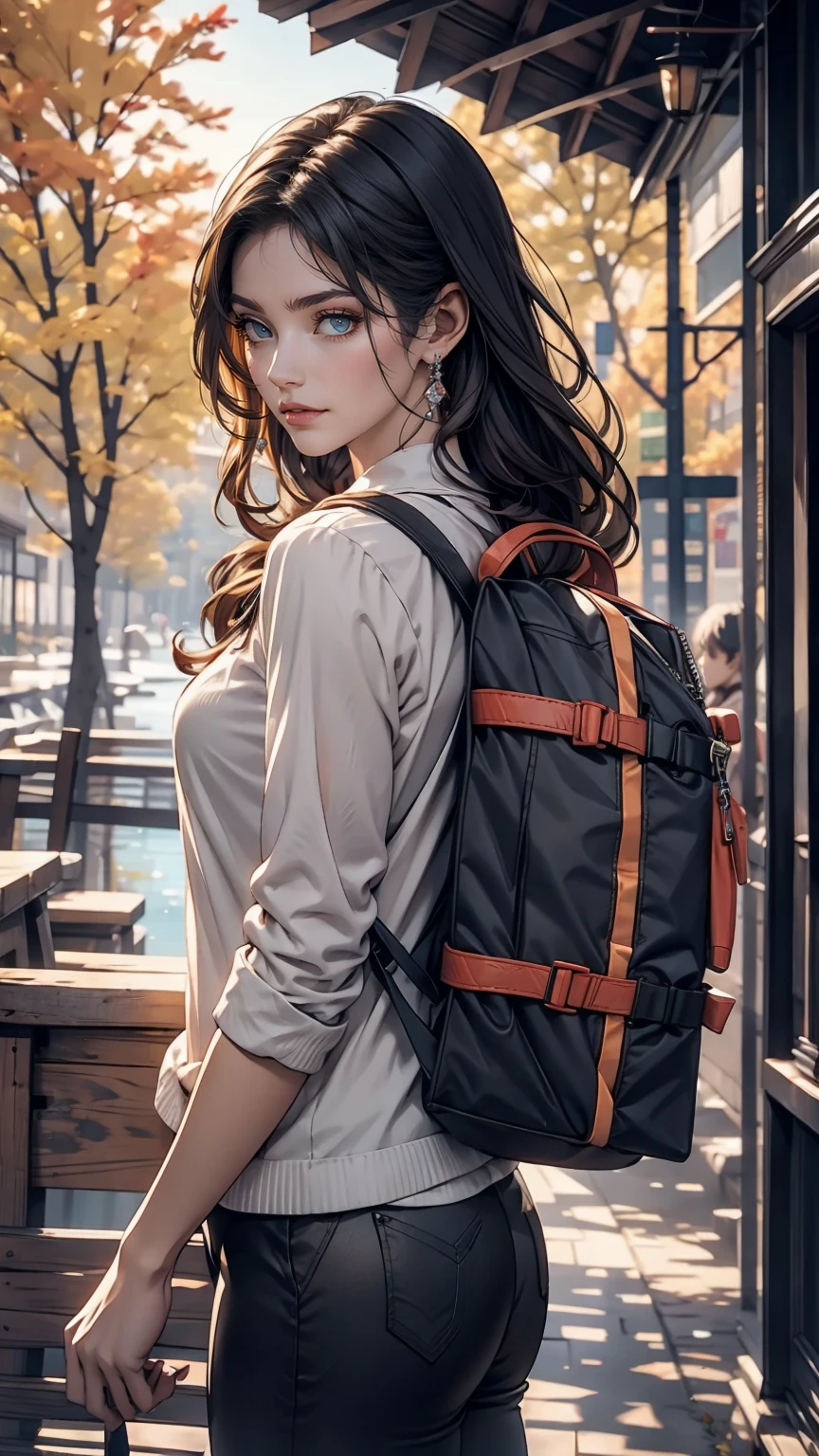 American Autumn Forest、lake、24 year old Caucasian female、trekking、smile、Carry your backpack、Wear leggings、Wear a window breaker