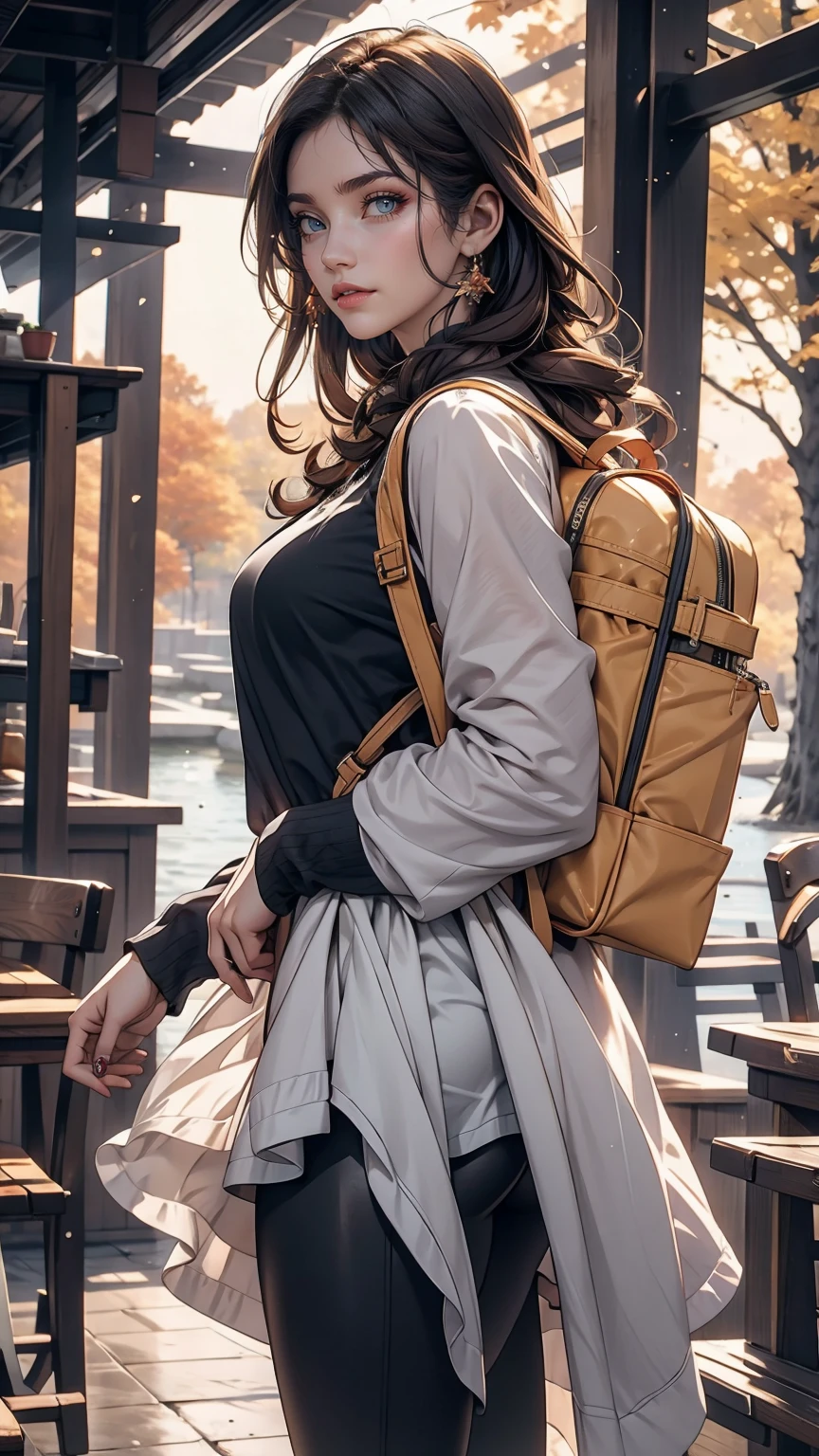 American Autumn Forest、lake、24 year old Caucasian female、trekking、smile、Carry your backpack、Wear leggings、Wear a window breaker