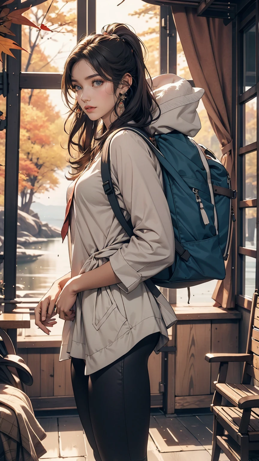 American Autumn Forest、lake、24 year old Caucasian female、trekking、smile、Carry your backpack、Wear leggings、Wear a window breaker