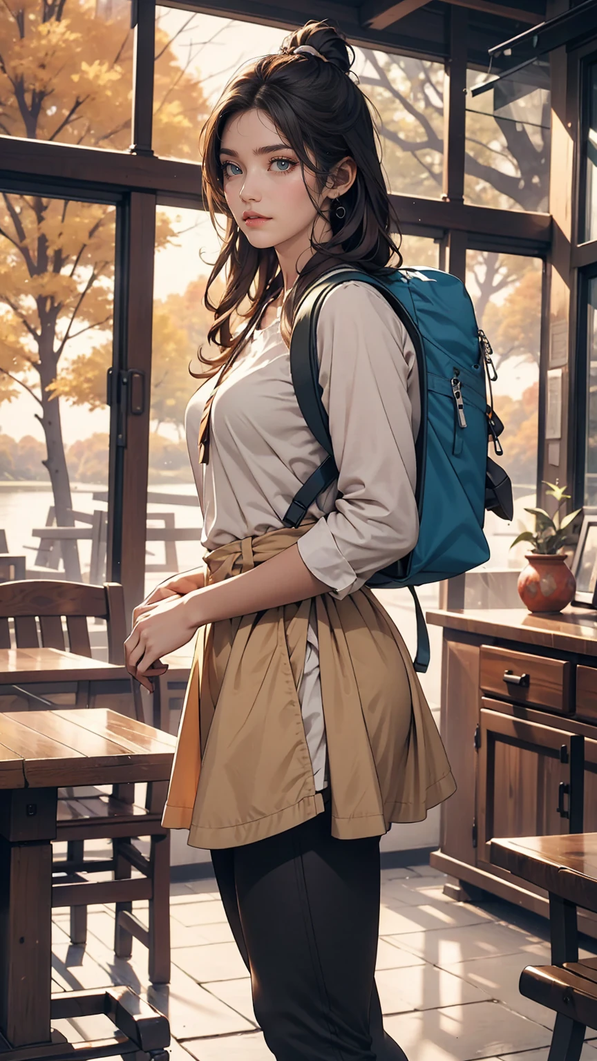 American Autumn Forest、lake、24 year old Caucasian female、trekking、smile、Carry your backpack、Wear leggings、Wear a window breaker