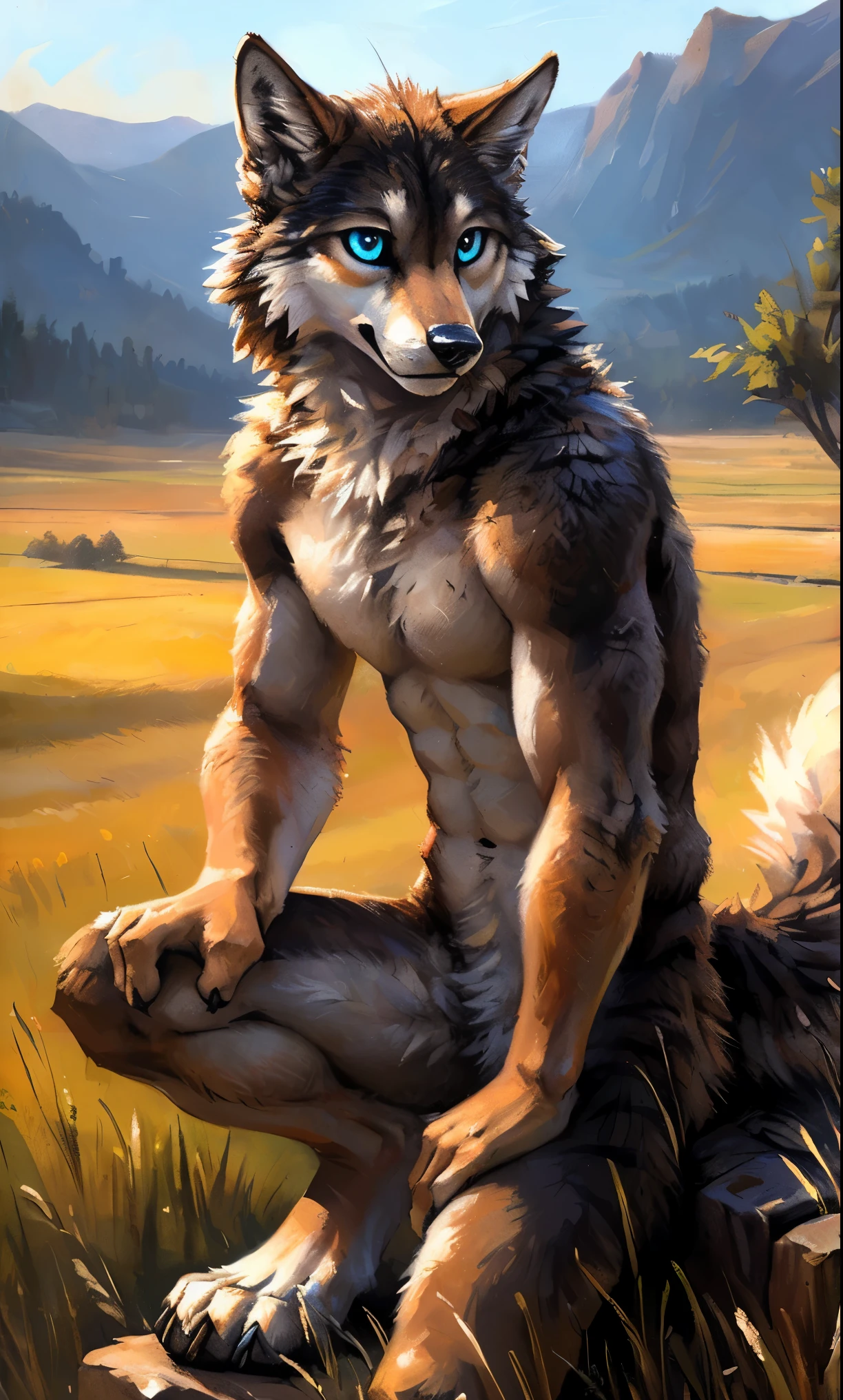 ((Solo)), male people, anthro wolf, (Multi-colored fur, White-brown:1.3，White tail pointed), (Height 2.1m,Tail length 1.5m), ((Wolf face, Big eyes, White eyelids, Blue pupil, Slim:1.2) (Tough, Calm expression:1.2)), Abs, Slim, pinging)), (Correct anatomy), Naked all over the body,A long big tail，Feet，(Realistic fur, Detailed fur texture, labeled:1.3)), (Natural lighting), Photorealistic, Hyperrealistic, ultradetailed, by Kenket，Field，No artifacts