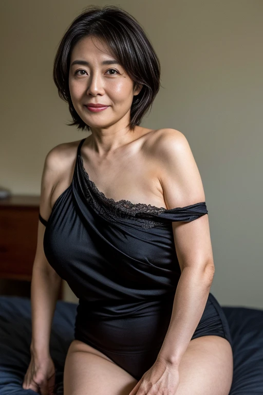 a mature japanese woman in her 60s wearing black lingerie, underwear,black panties, large breasts, (best quality,4k,8k,highres,masterpiece:1.2),ultra-detailed,(realistic,photorealistic,photo-realistic:1.37),HDR,UHD,studio lighting,ultra-fine painting,sharp focus,physically-based rendering,extreme detail description,professional,vivid colors,bokeh,portrait,chubby,charming pose,she is a Prime minister