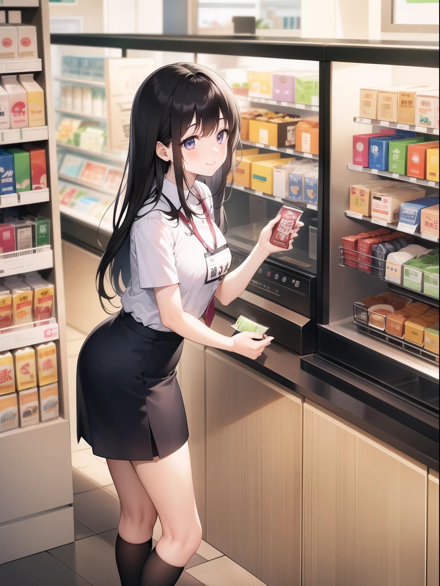 A young woman in a convenience store uniform stands behind the counter、Smiling as he hands the customer a receipt。The inside of the store is bright、Snacks in the background、drink、You can see the shelves with other products.。The cashier、White shirt with the store logo and striped tie、Wearing a name tag。Everyday scenes from a modern convenience store、It has a friendly and welcoming atmosphere.。