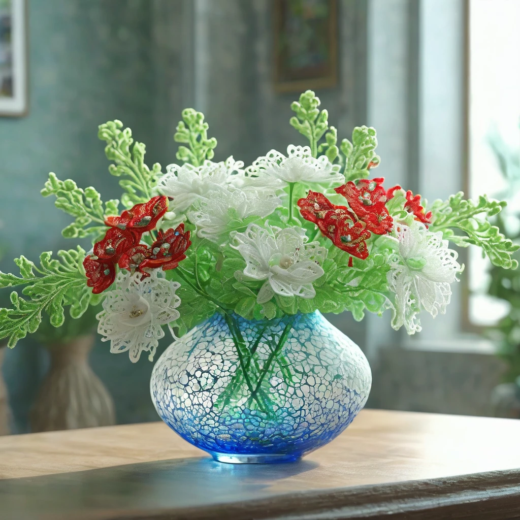 Blue, green, red and white laceで出来た花, Beautiful lace flowers, Lace flowers decorating the room, indoor, Beautiful glass vase, Blue, green, red and white lace, Very delicate lace, best quality:1.2, 4k, 8K, Very detailed, High Detail, masterpiece:1.2, 