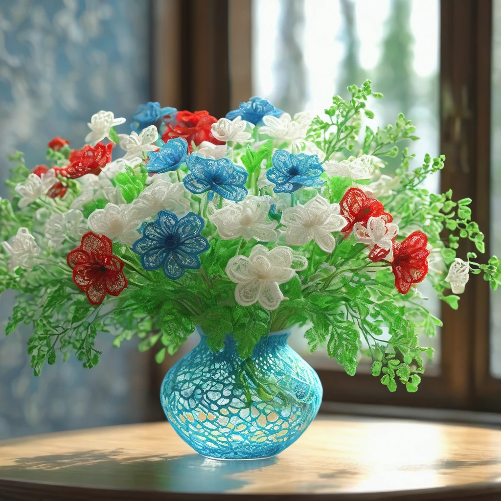 Blue, green, red and white laceで出来た花, Beautiful lace flowers, Lace flowers decorating the room, indoor, Beautiful glass vase, Blue, green, red and white lace, Very delicate lace, best quality:1.2, 4k, 8K, Very detailed, High Detail, masterpiece:1.2, 