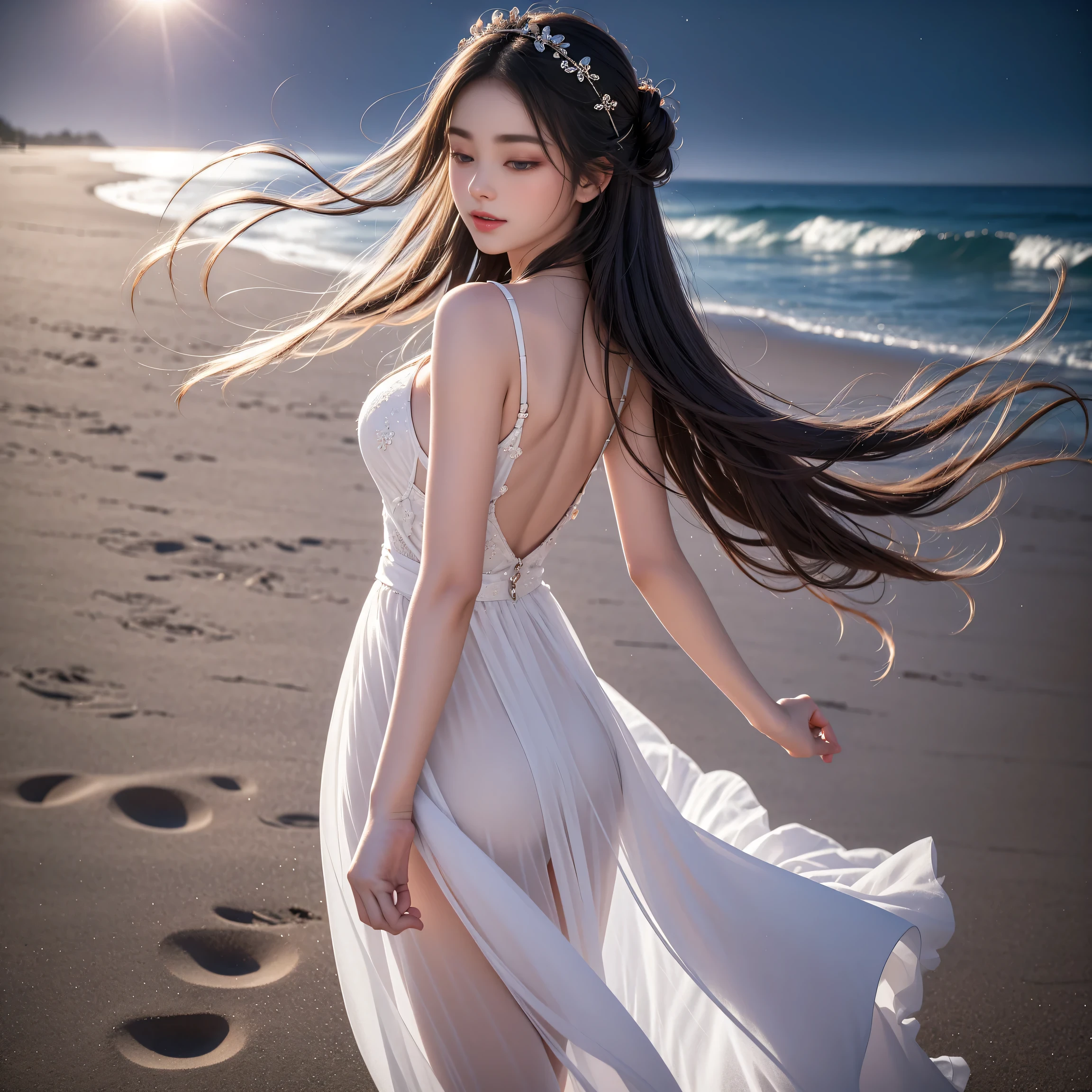 ((Girl walking on the beach at night))、((Rear view)),(Looking up),Best quality work,actual work,Ultra Premium Graphics,8K HD CG Works,High quality graphics,High-definition CG works,10x pixels,Extremely fine detail:1.1,Advanced Technical Details:1.1 Photorealistic,Starry Sky Gradient:1.5,Natural light:1.5. Light effects(virtual Light effects:1.8),Long silver hair(Hair fluttering in the wind), Thin eyebrows,High nose, Nice red lips, Rose Cheeks, Modest makeup face , Cute Face, Perfectly balanced face,(A girl wearing),Light-colored foundations enhance the clarity of your skin..,(Her close your eyes)、Adds elegance and sophistication、Swaying with her movements。Her hair is casually tied back,Fix with hosta,A few strands of hair are swaying gently in the wind,Add a little softness、Charmed everyone'Note、Grace、mystery、Full of power,()、((close your eyes()),Lift your head,Thick and long black hair,very elaborate body,Highly detailed face,highest quality、(P私NK Underwear),((Translucent white dress))、(smile),Thick and long black hair,very elaborate body,Highly detailed face,highest quality,((The hem of the skirt is fluttering in the wind)),((Sexy pose)),(The Milky Way Galaxy in the sky),((The backlight makes the body lines look like a silhouette.)),
